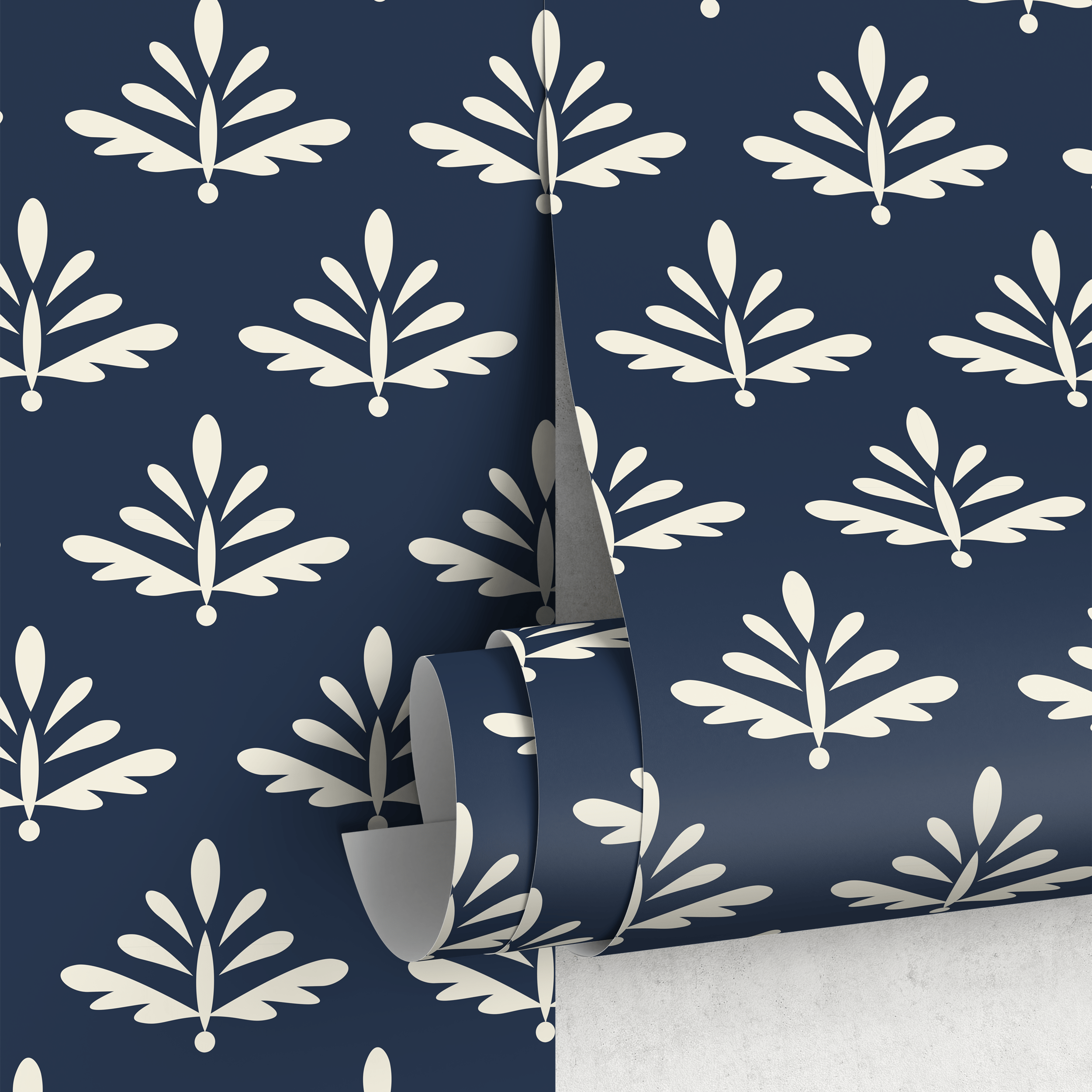 Botanical Wallpaper With A Stylized Foliage Motif In Navy Blue And Cream - A874
