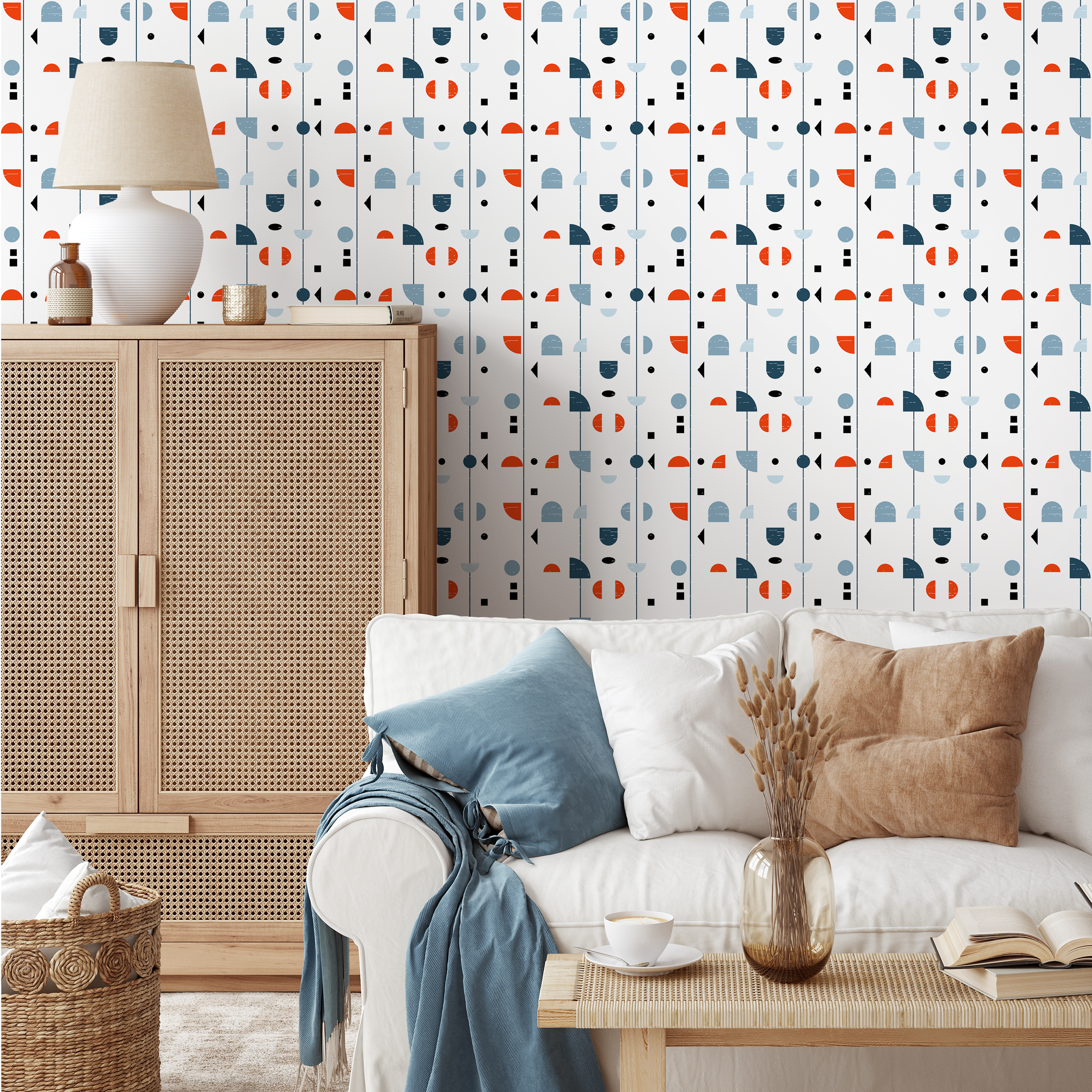 Geometric Wallpaper With Abstract Scandinavian Forms In Orange, Blue, And Black - A883