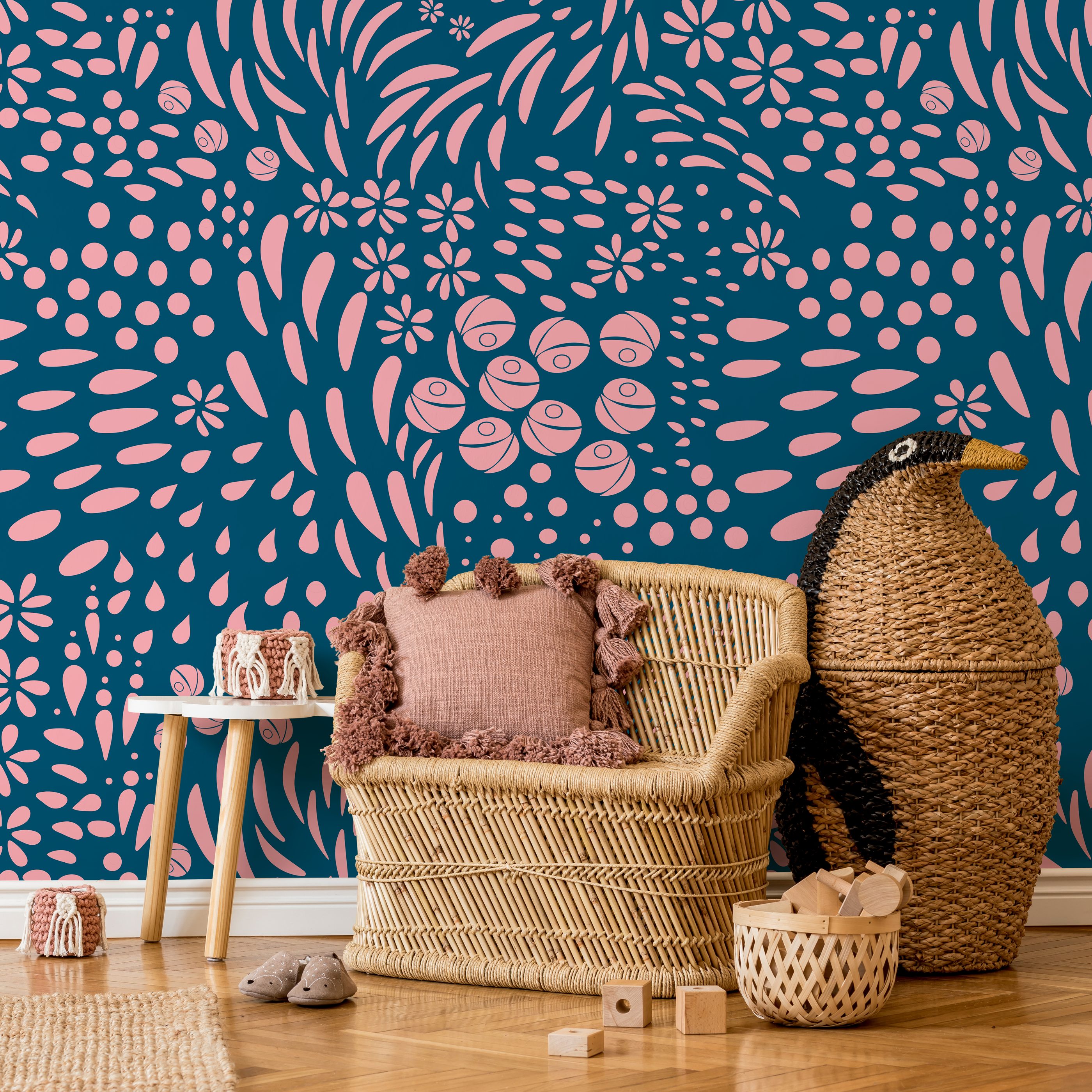 Scandinavian Wallpaper With Abstract Floral Shapes In Pink And Blue - A887