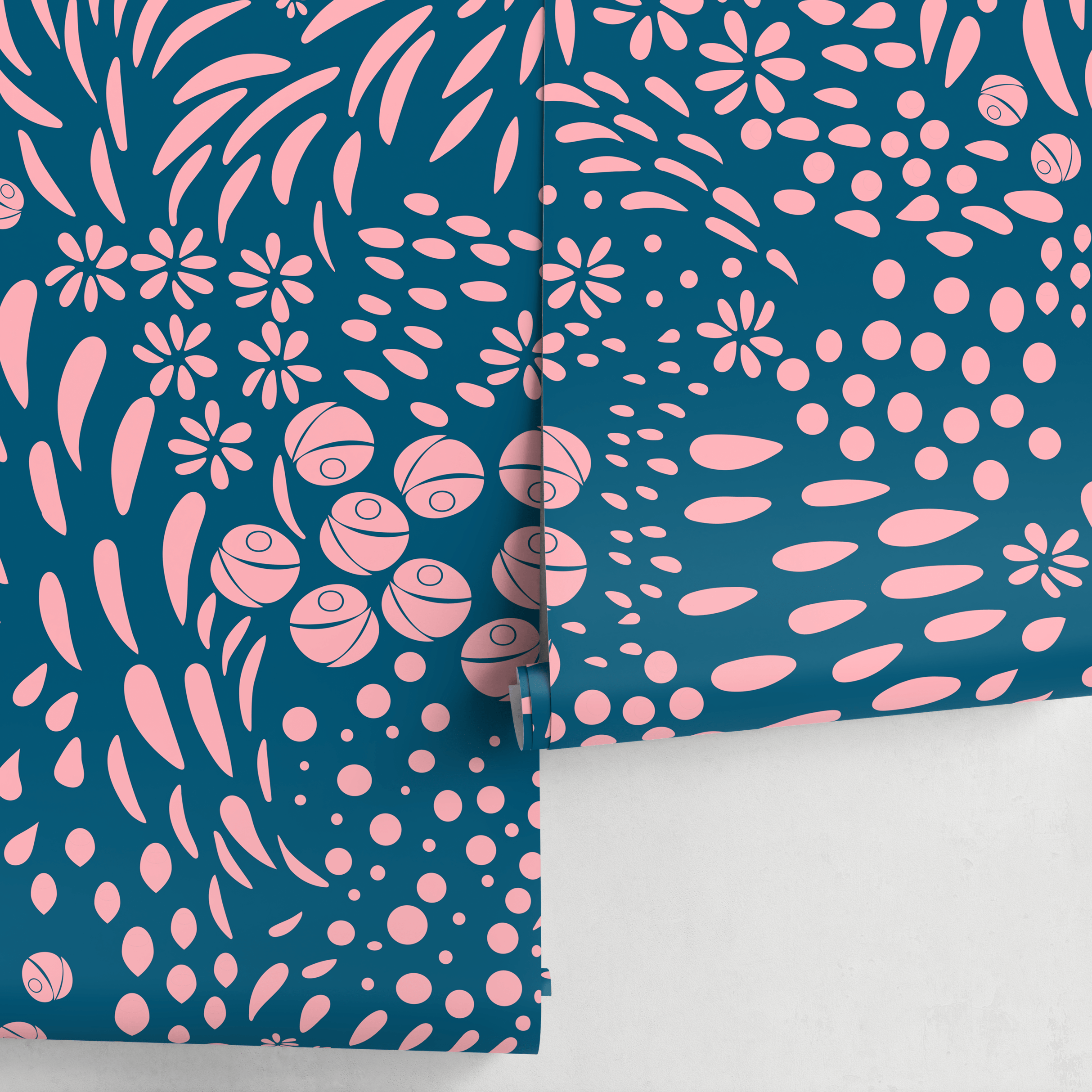 Scandinavian Wallpaper With Abstract Floral Shapes In Pink And Blue - A887