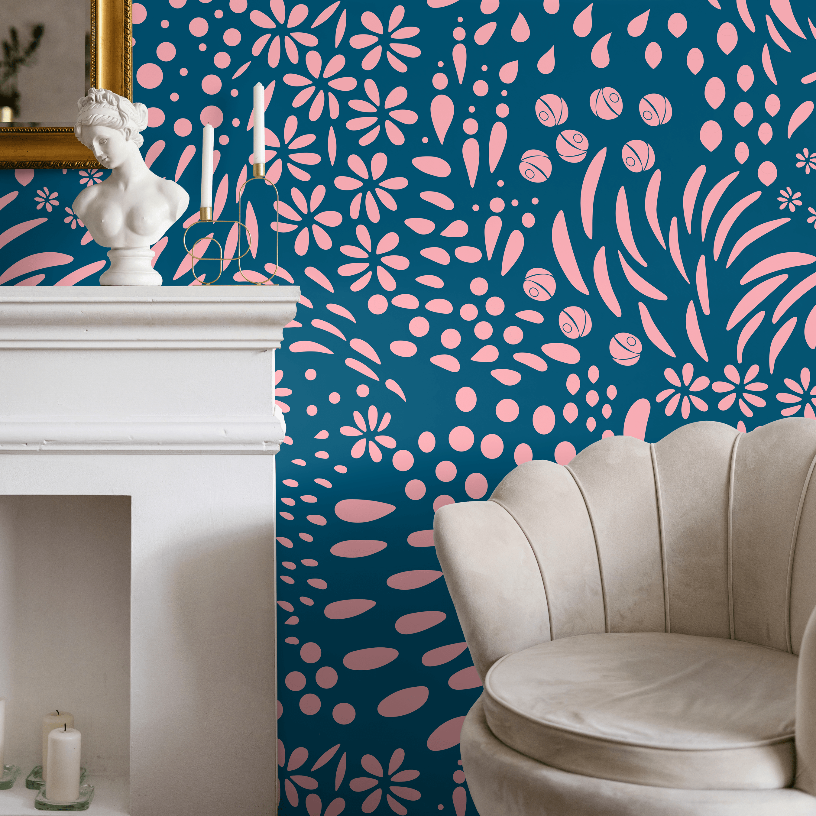 Scandinavian Wallpaper With Abstract Floral Shapes In Pink And Blue - A887