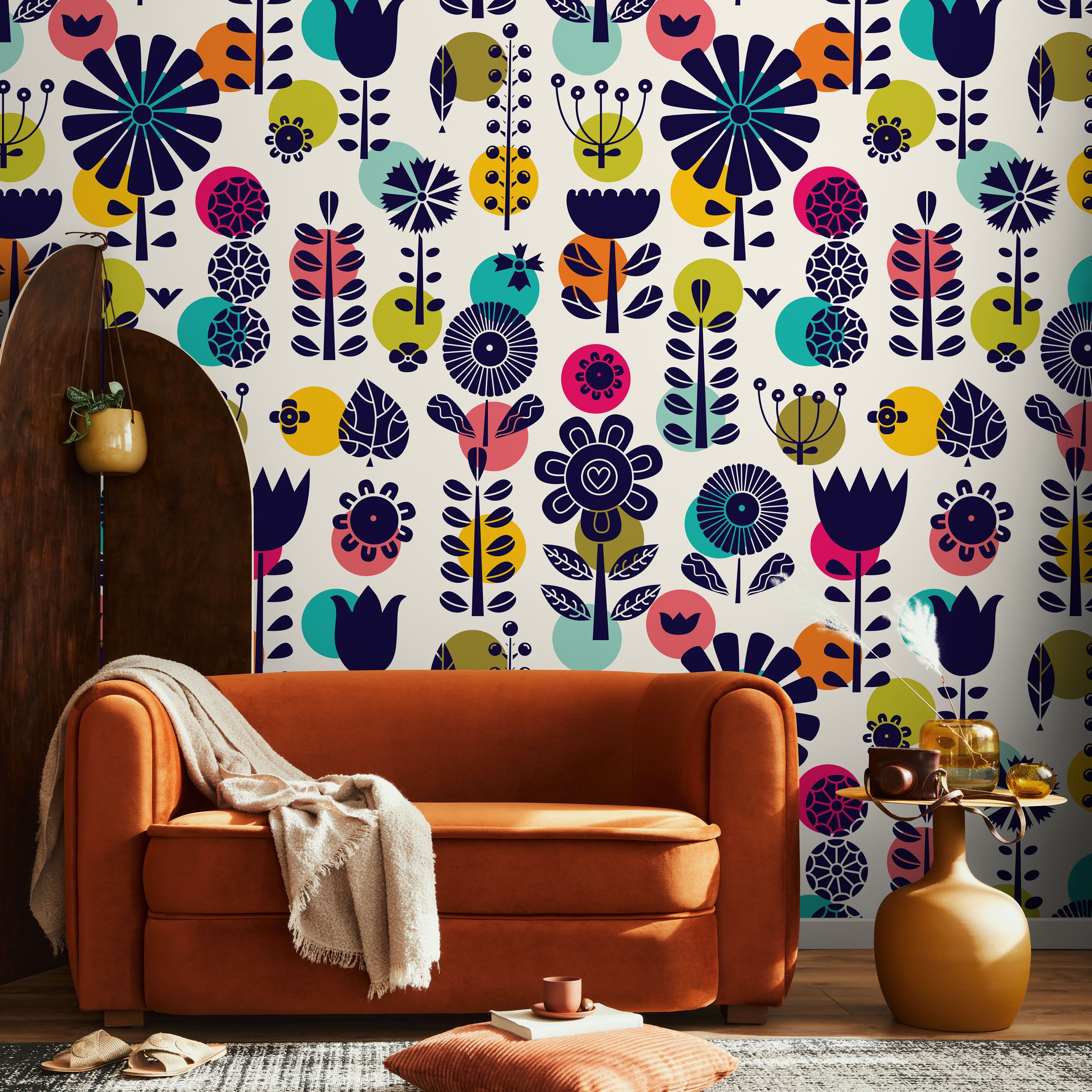 Scandinavian Floral Wallpaper With Bold Geometric Blooms In Navy Blue, Teal, And Yellow - A891