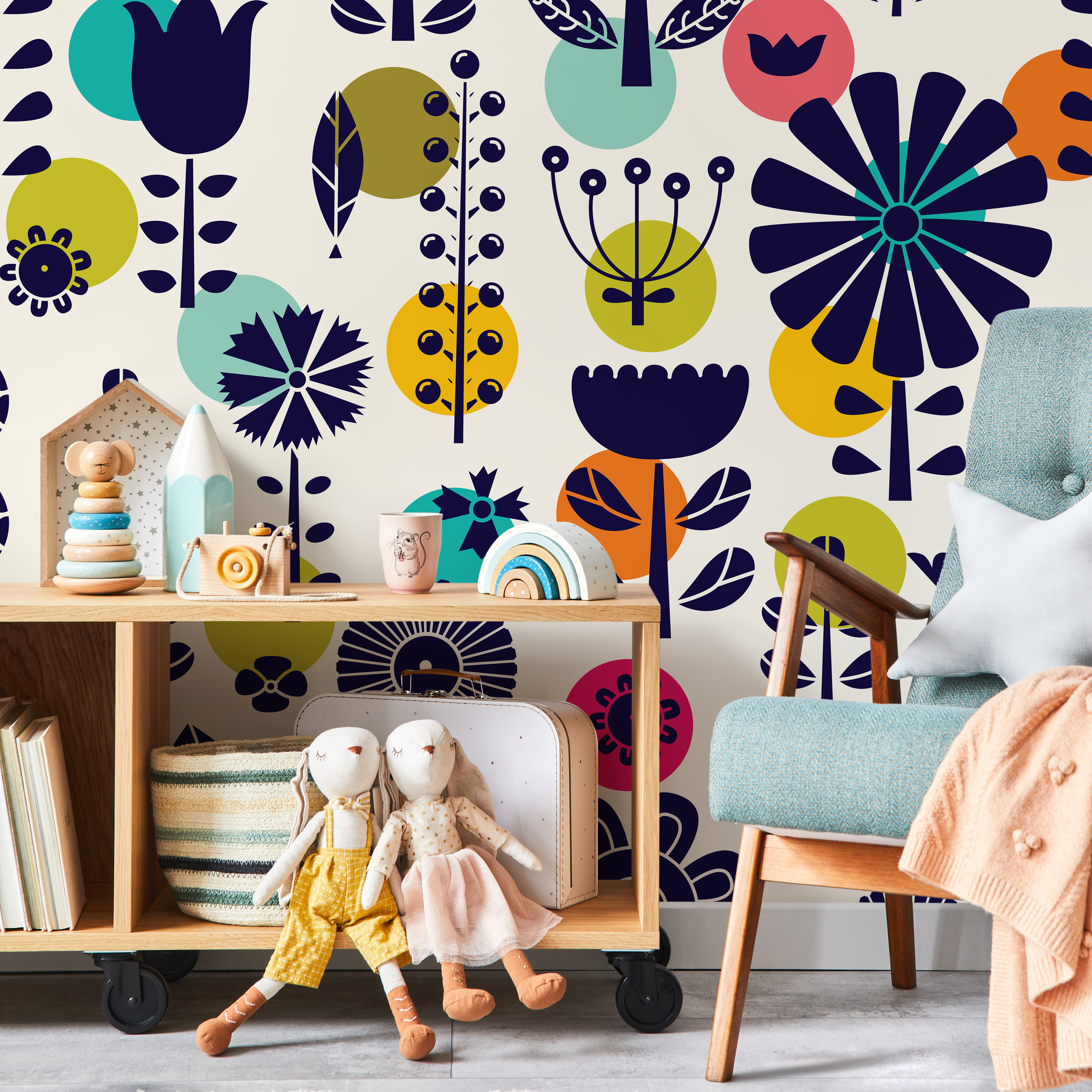 Scandinavian Floral Wallpaper With Bold Geometric Blooms In Navy Blue, Teal, And Yellow - A891