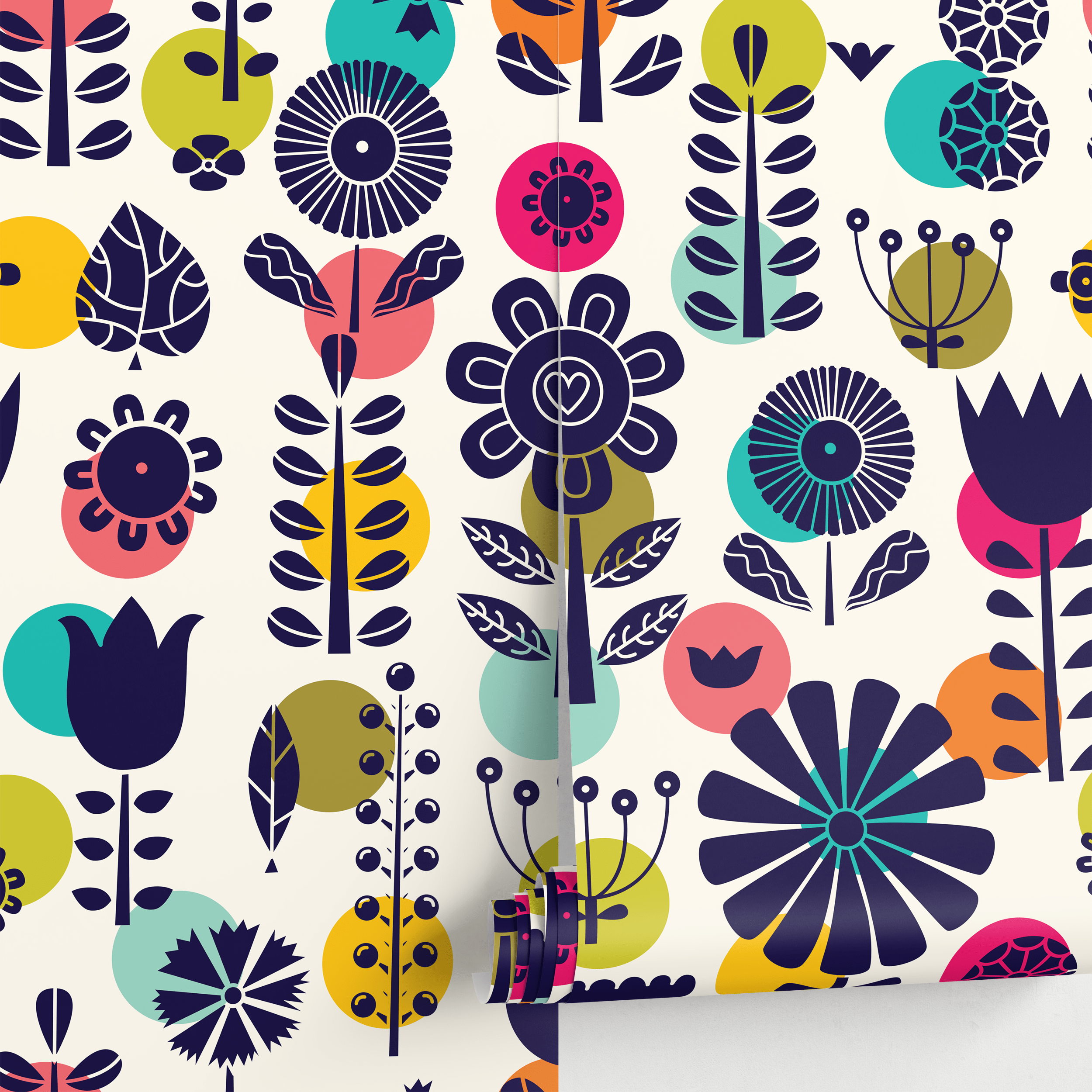 Scandinavian Floral Wallpaper With Bold Geometric Blooms In Navy Blue, Teal, And Yellow - A891