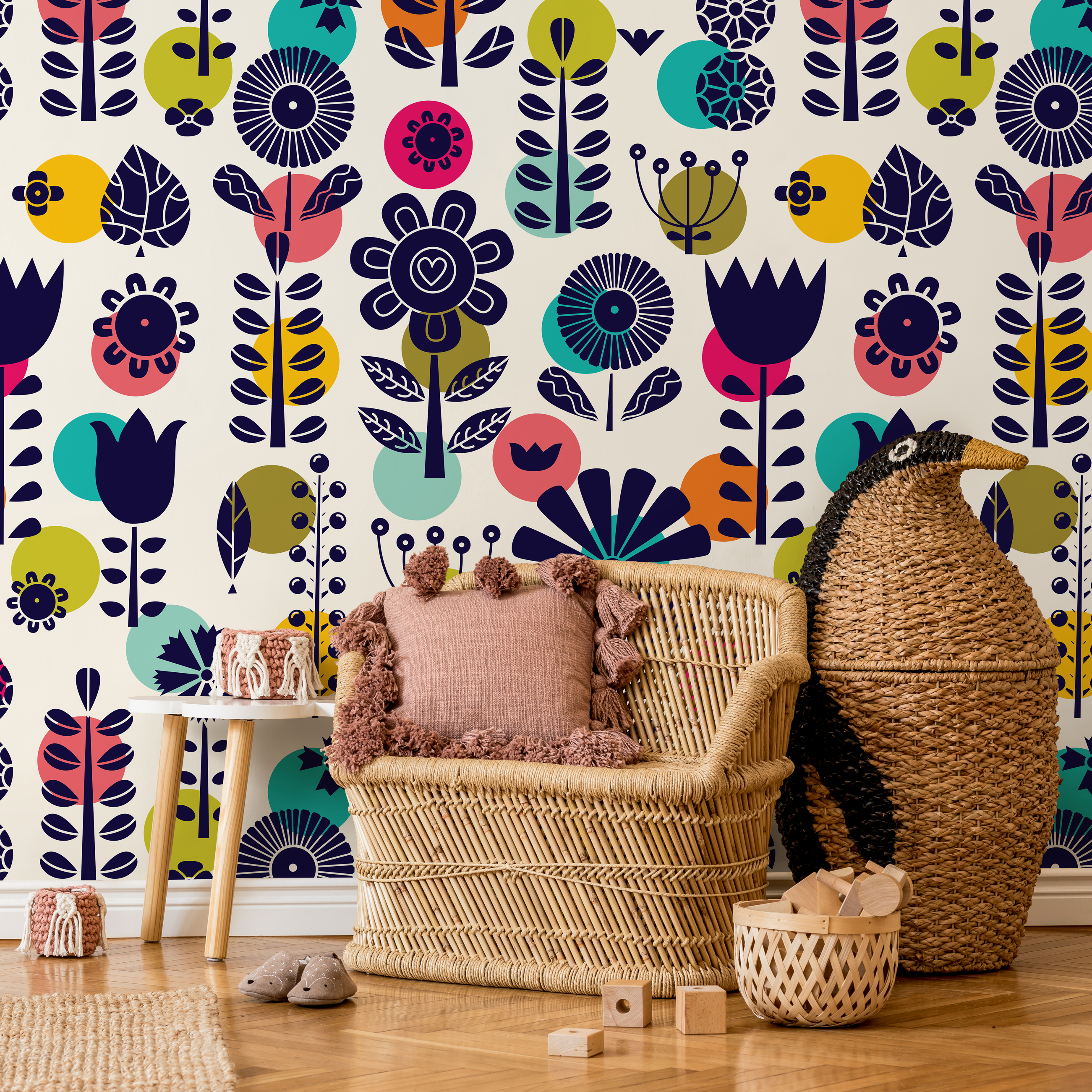 Scandinavian Floral Wallpaper With Bold Geometric Blooms In Navy Blue, Teal, And Yellow - A891