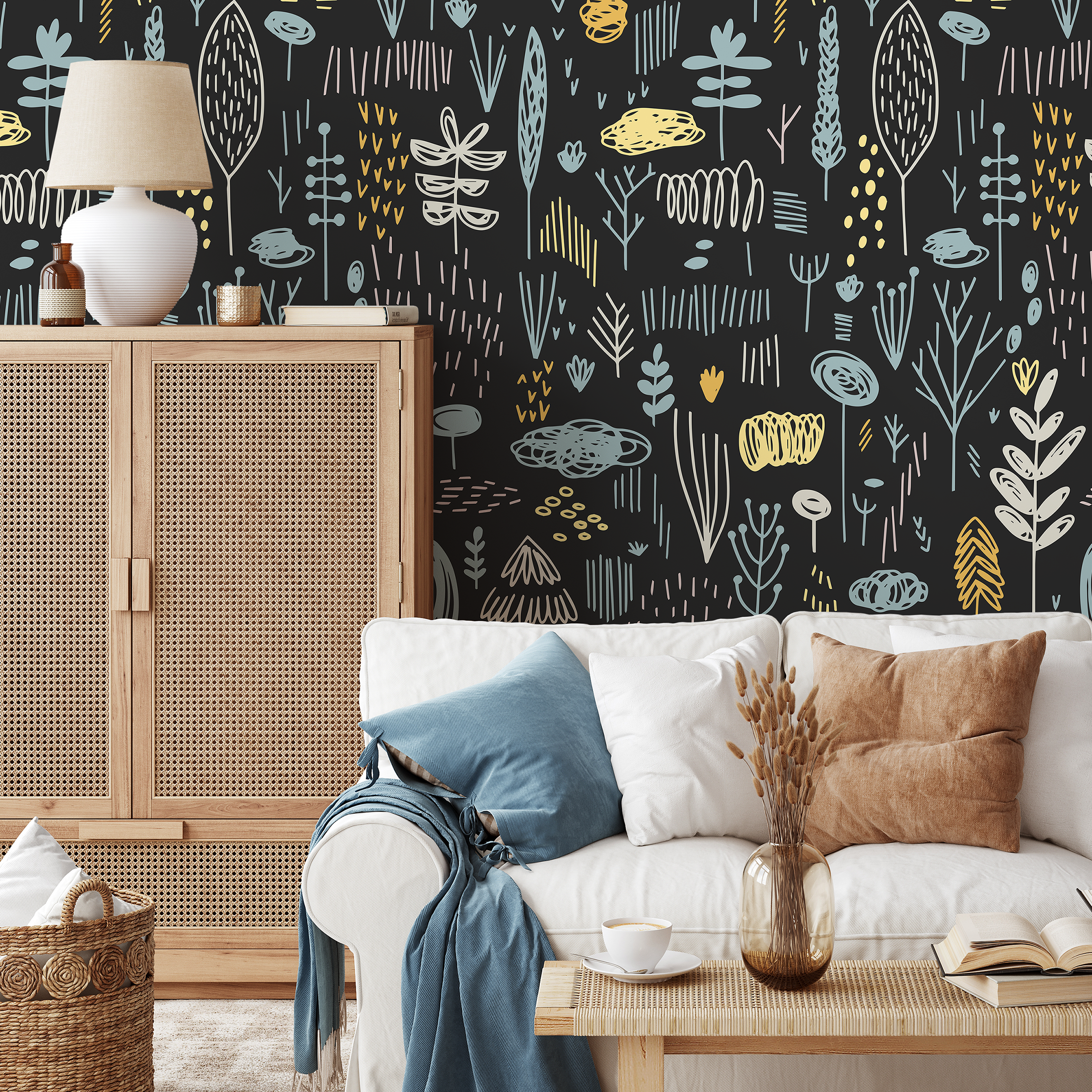 Scandinavian Wallpaper With A Nordic Woodland Motif In Black, Blue, And Yellow - A895