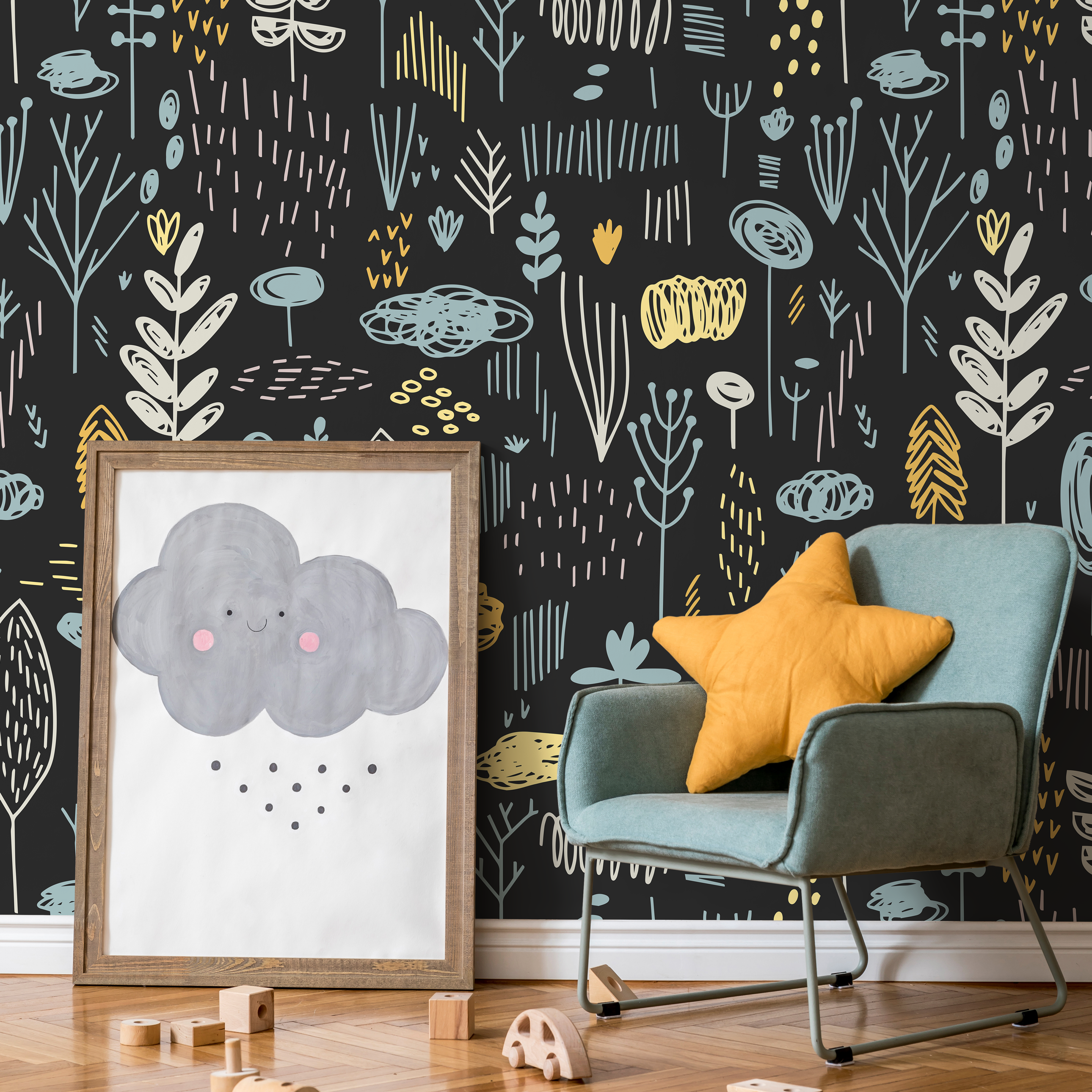 Scandinavian Wallpaper With A Nordic Woodland Motif In Black, Blue, And Yellow - A895