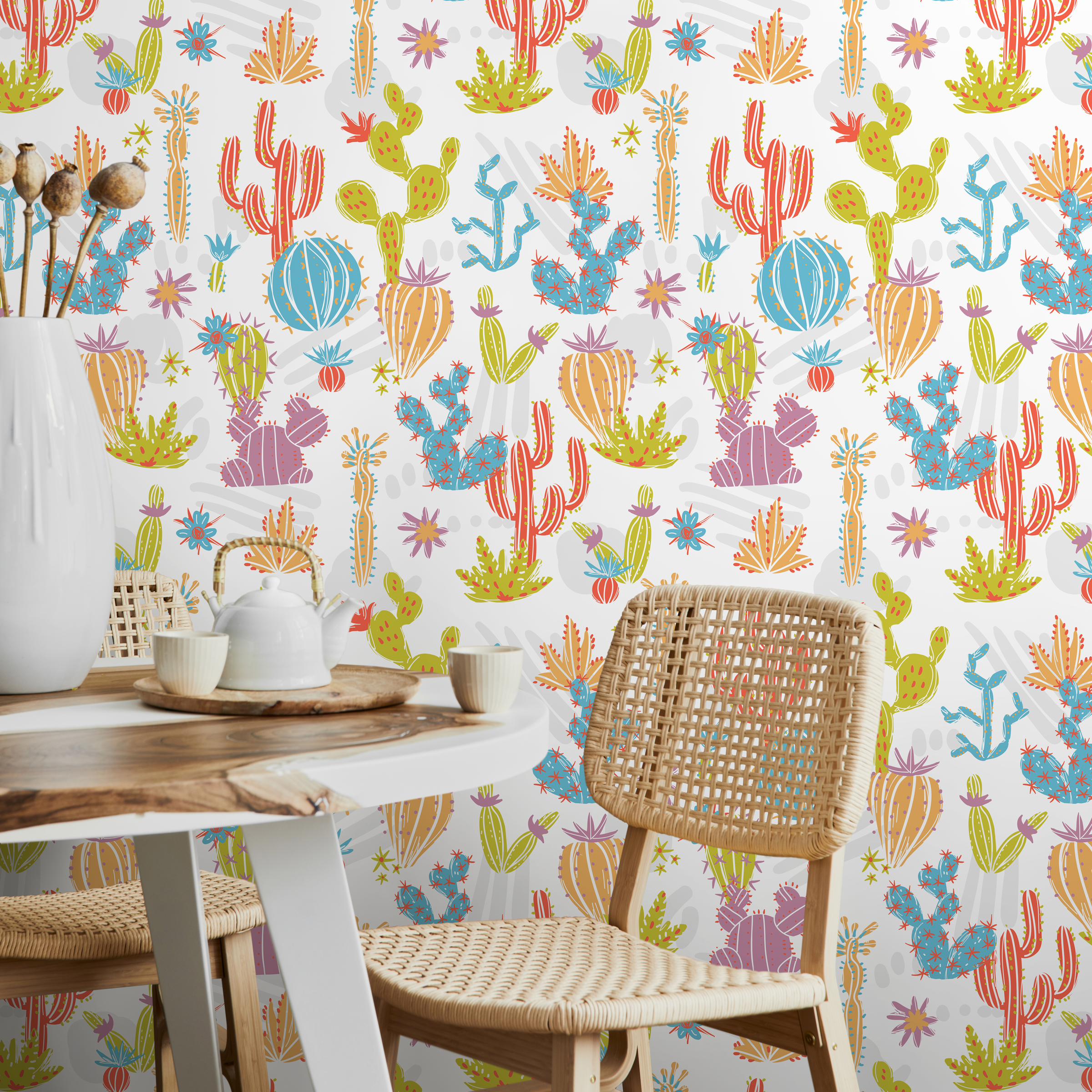 Kids Wallpaper Featuring Illustrated Cacti In Green, Blue, And Orange - A912