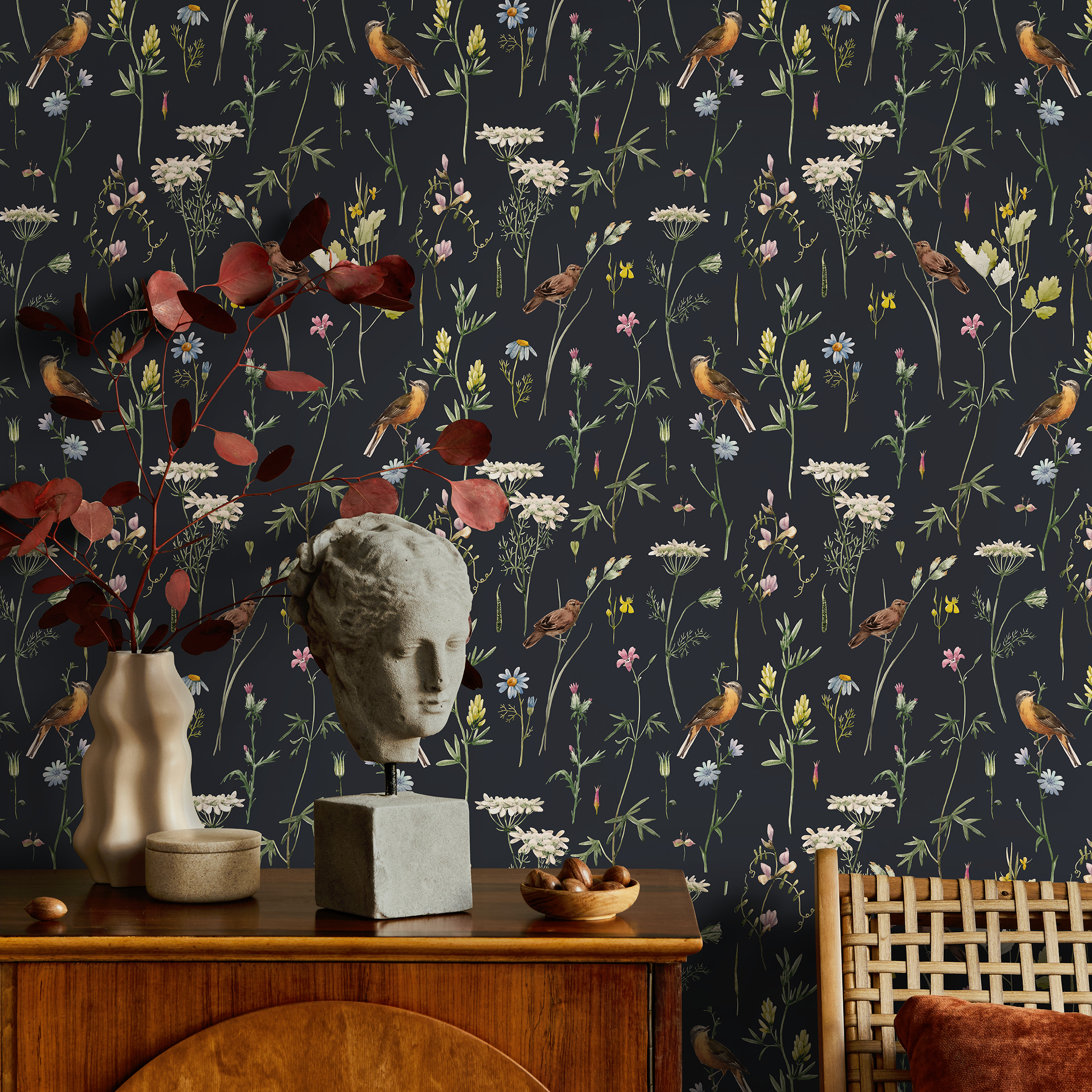 Chinoiserie Wallpaper With A Wildflower And Bird Motif In Black, White, And Yellow - A917