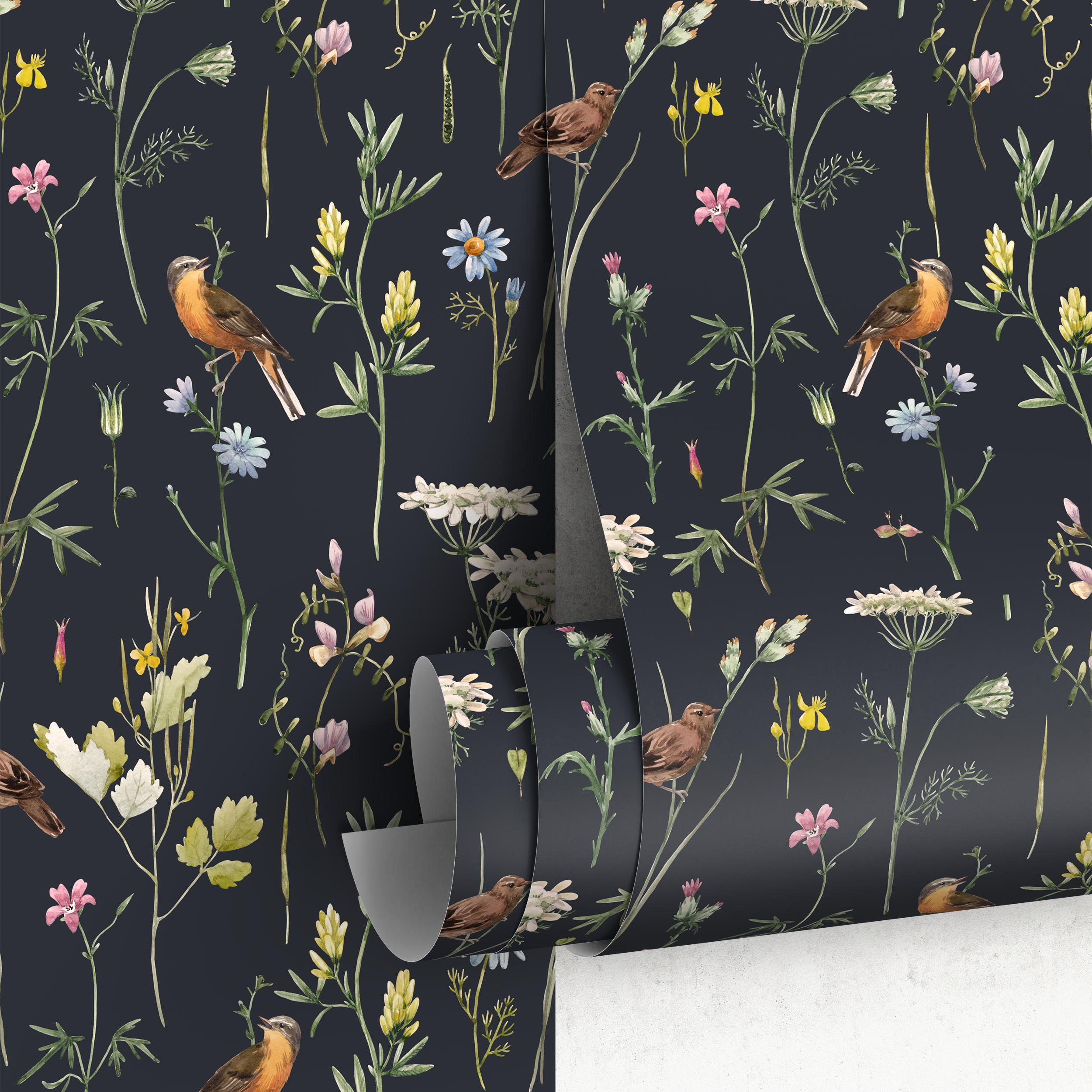 Chinoiserie Wallpaper With A Wildflower And Bird Motif In Black, White, And Yellow - A917