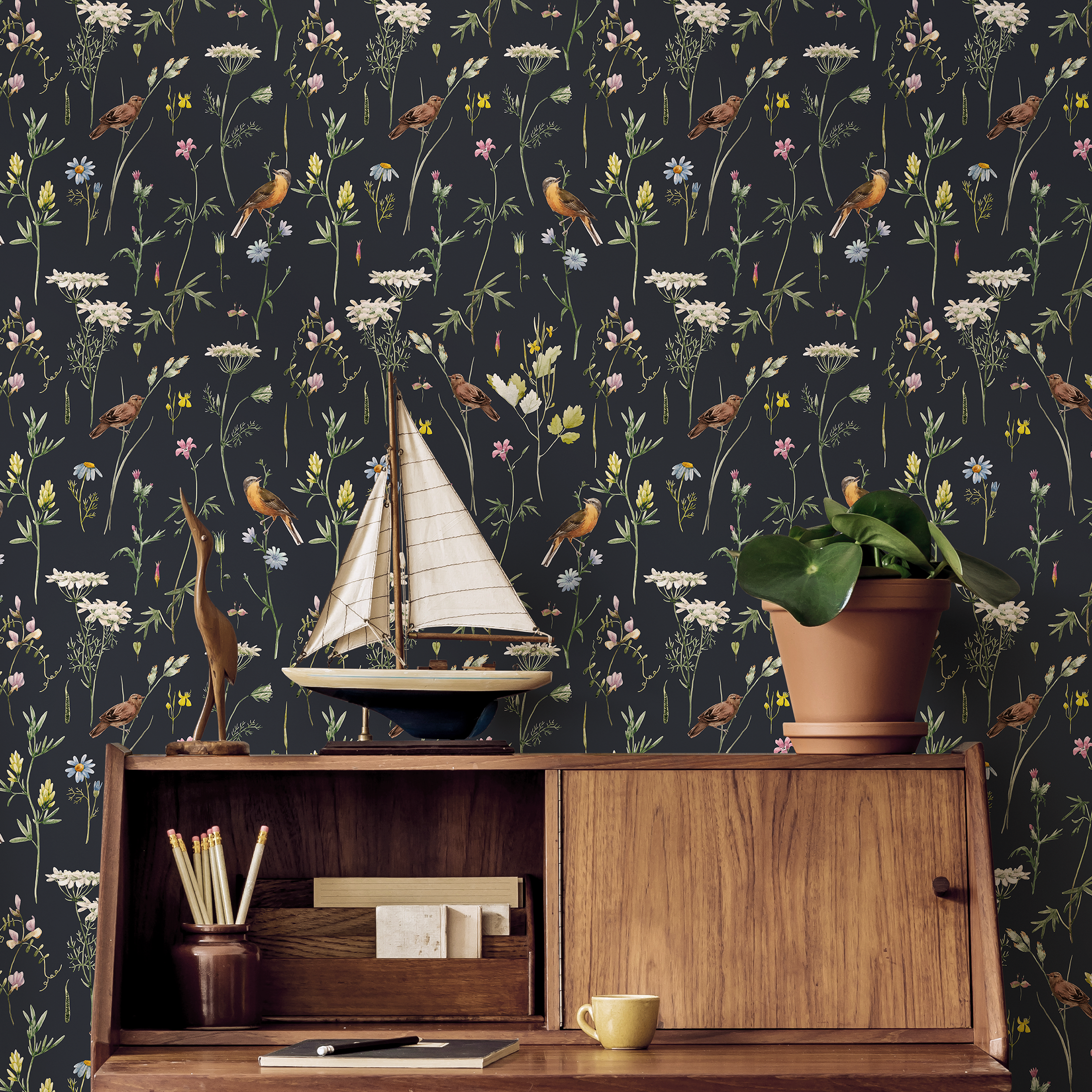 Chinoiserie Wallpaper With A Wildflower And Bird Motif In Black, White, And Yellow - A917