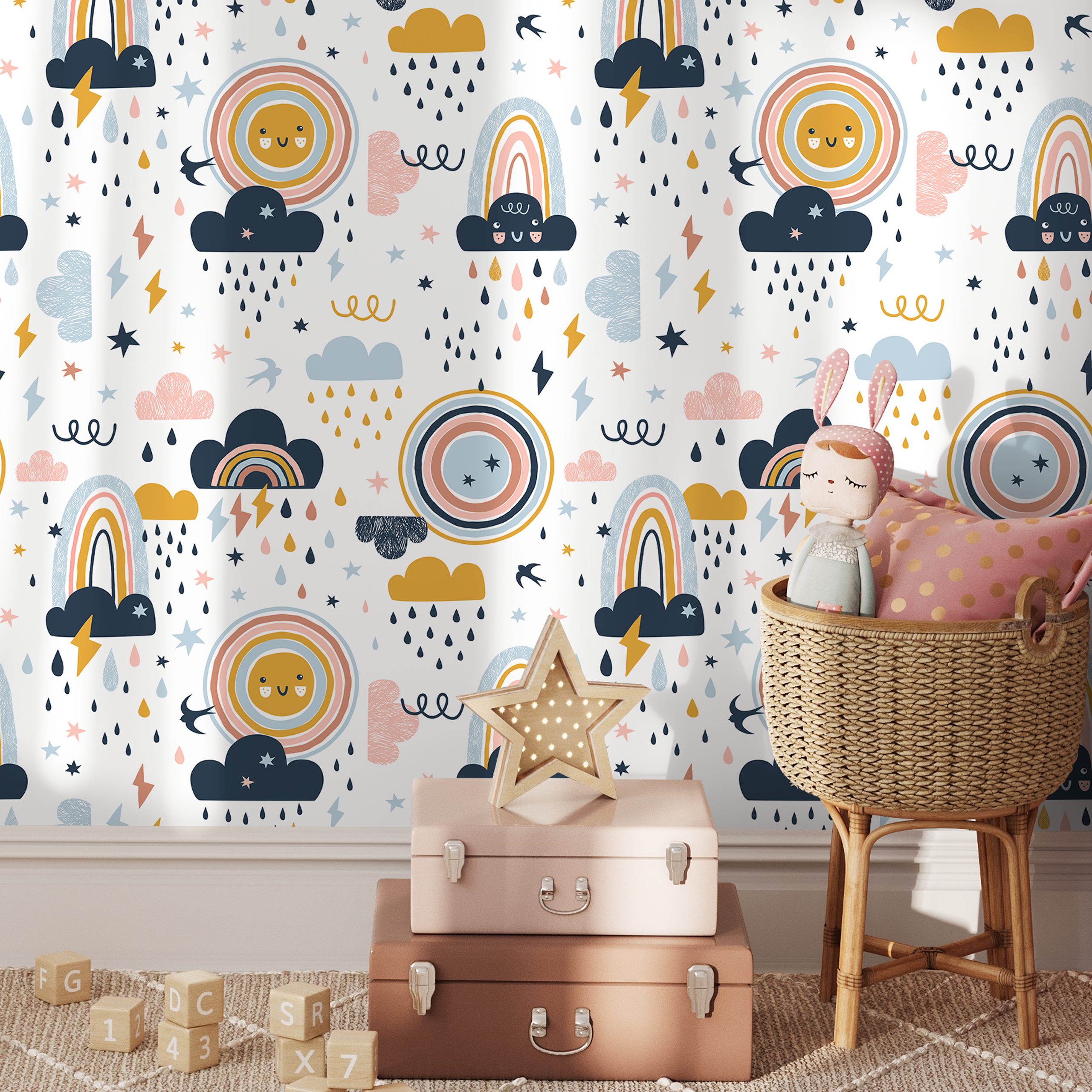 Kids Wallpaper With Smiling Suns And Rainbows In Blue, Pink, And Yellow - A921