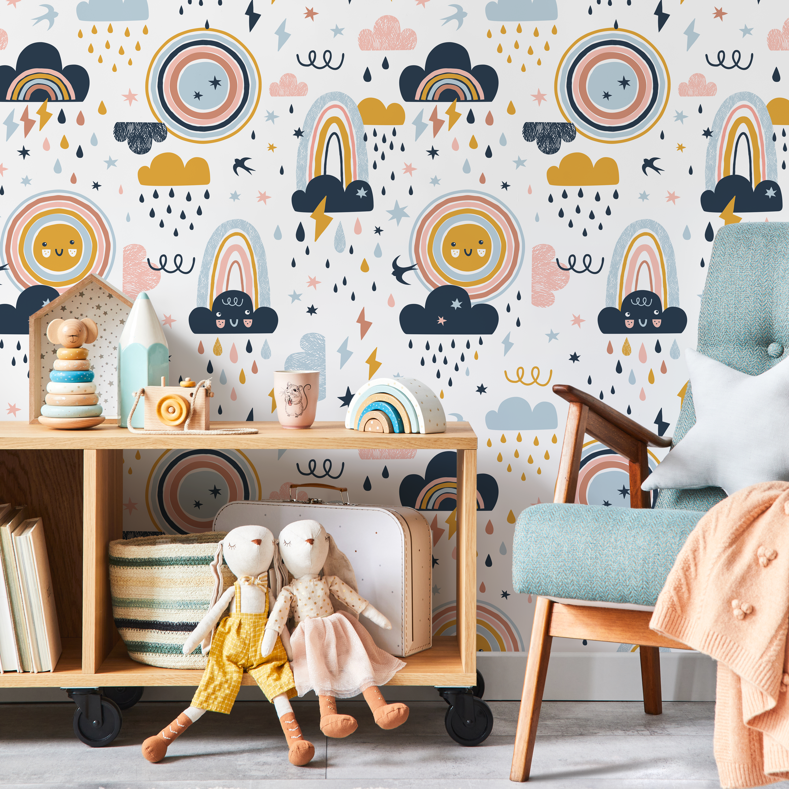 Kids Wallpaper With Smiling Suns And Rainbows In Blue, Pink, And Yellow - A921