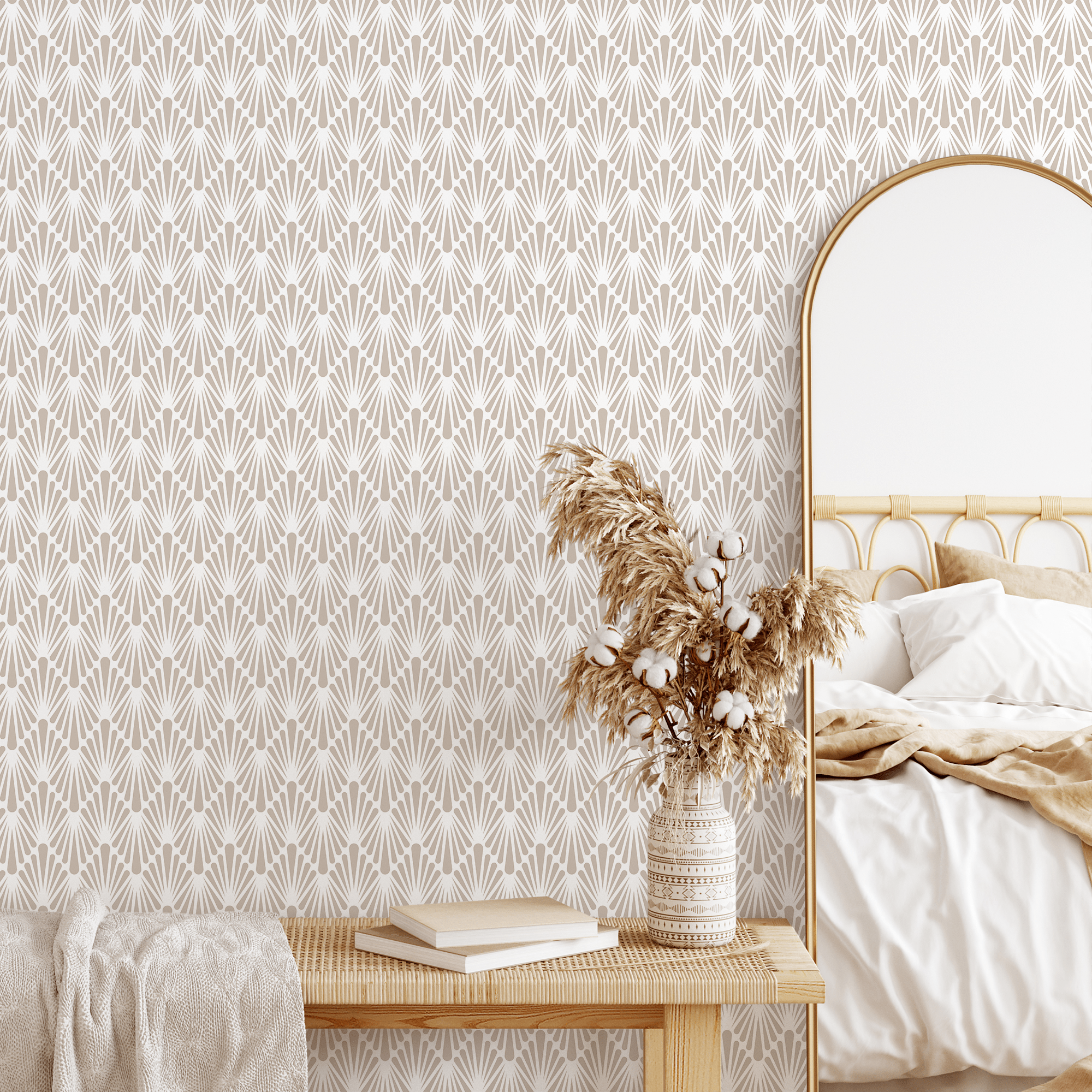 Art Deco Wallpaper With A Geometric Fan Motif In Beige - A926