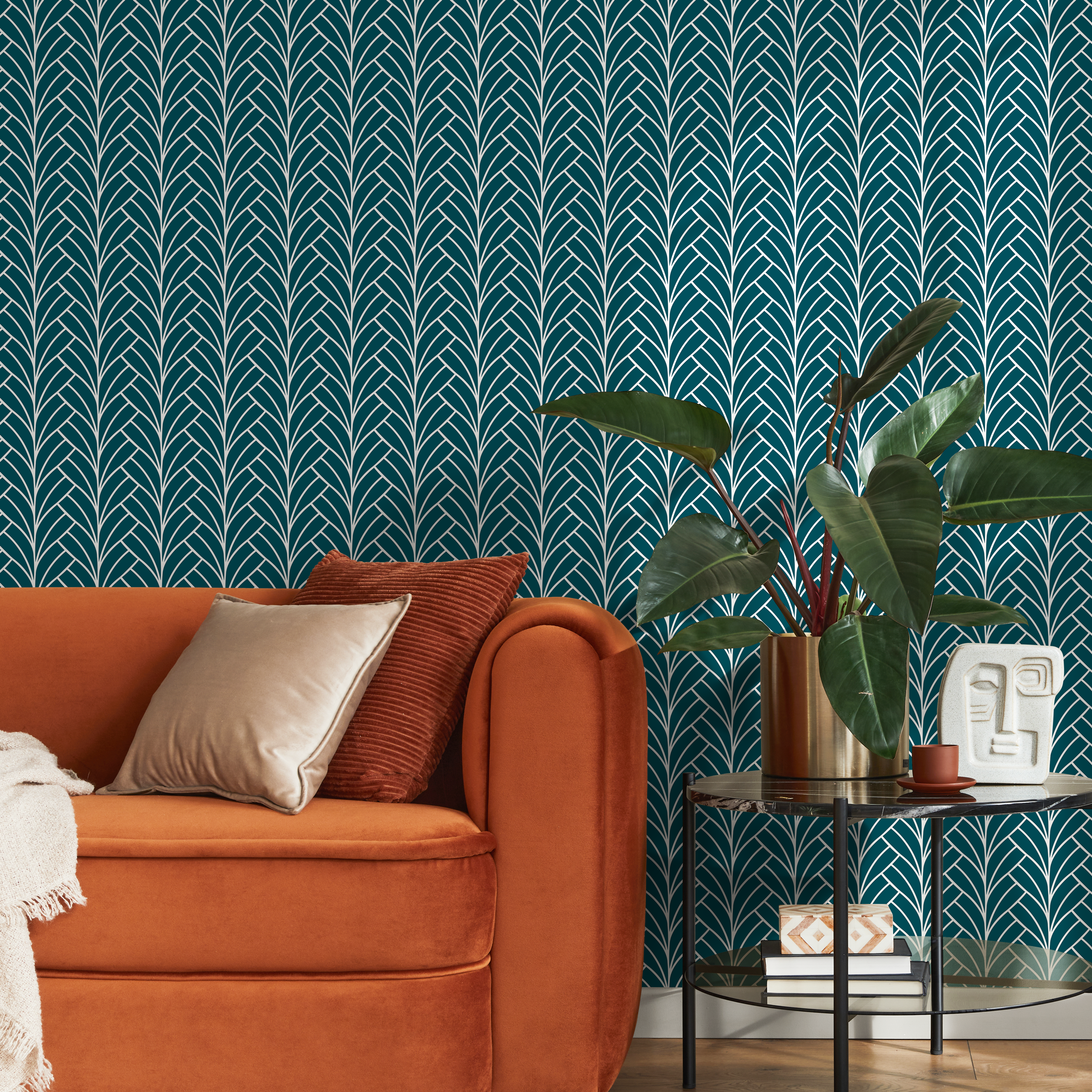 Art Deco Wallpaper With A Stylized Fan Leaf Motif In Teal And Silver - A929