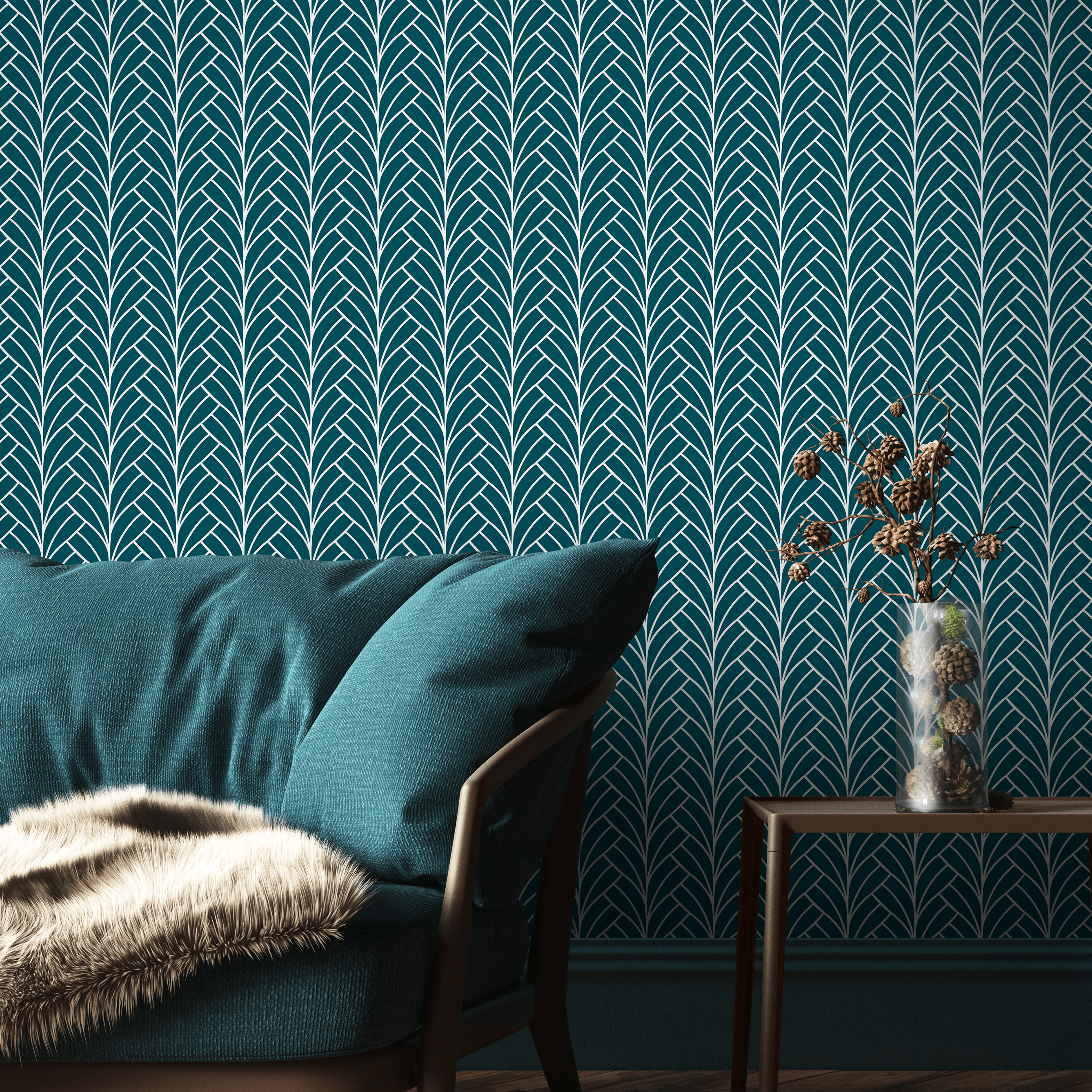 Art Deco Wallpaper With A Stylized Fan Leaf Motif In Teal And Silver - A929
