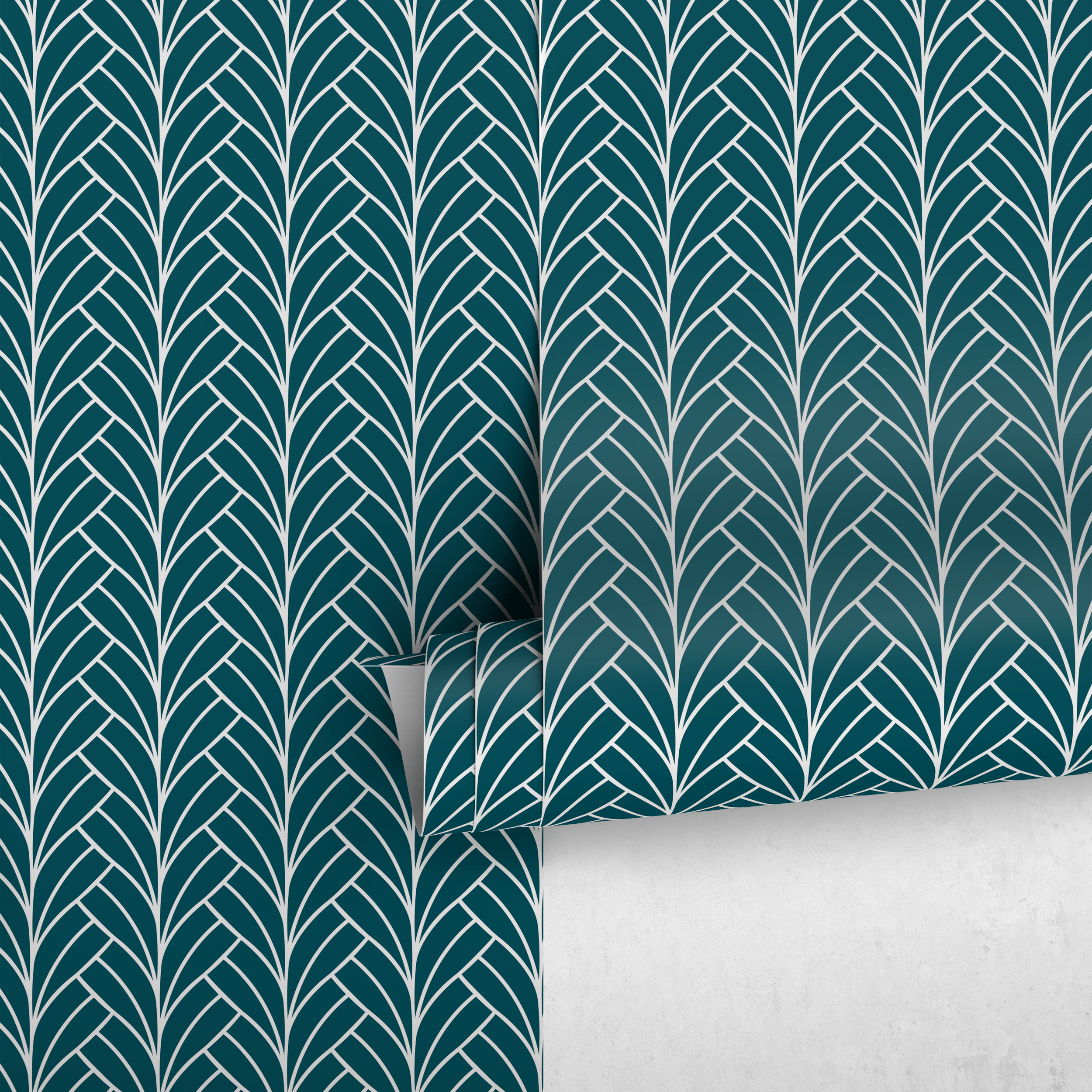 Art Deco Wallpaper With A Stylized Fan Leaf Motif In Teal And Silver - A929