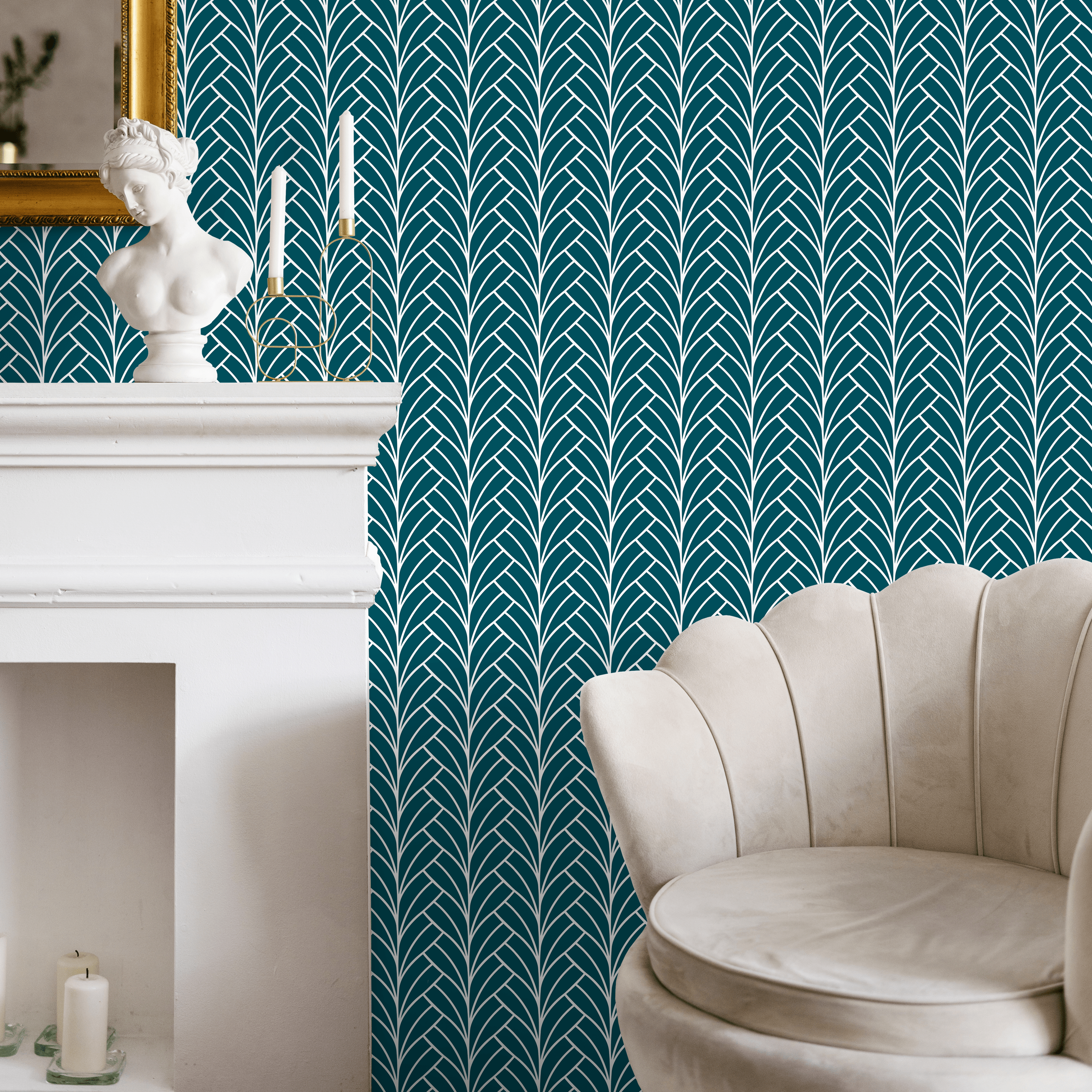 Art Deco Wallpaper With A Stylized Fan Leaf Motif In Teal And Silver - A929