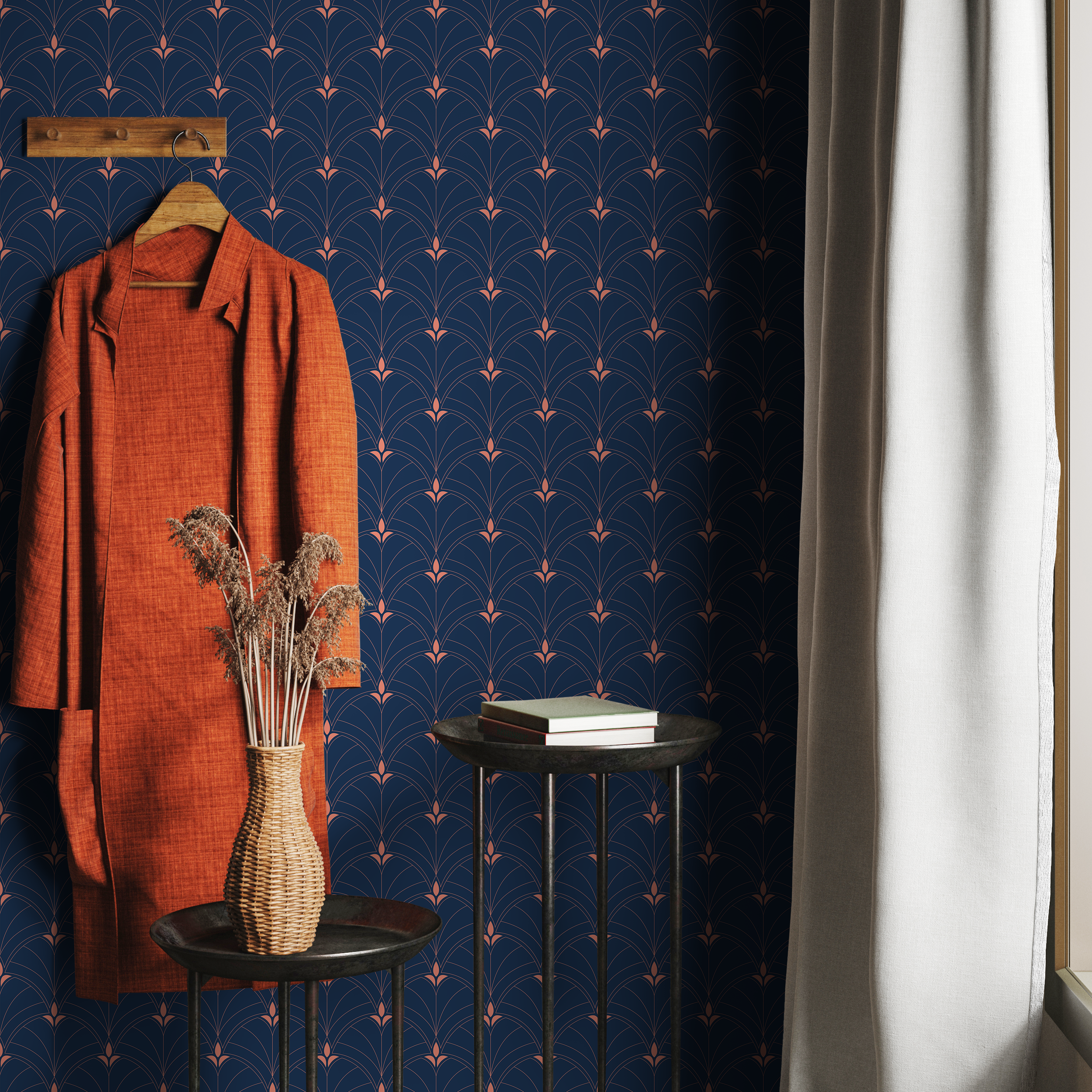 Art Deco Wallpaper With A Geometric Fan Motif In Navy Blue And Copper - A930