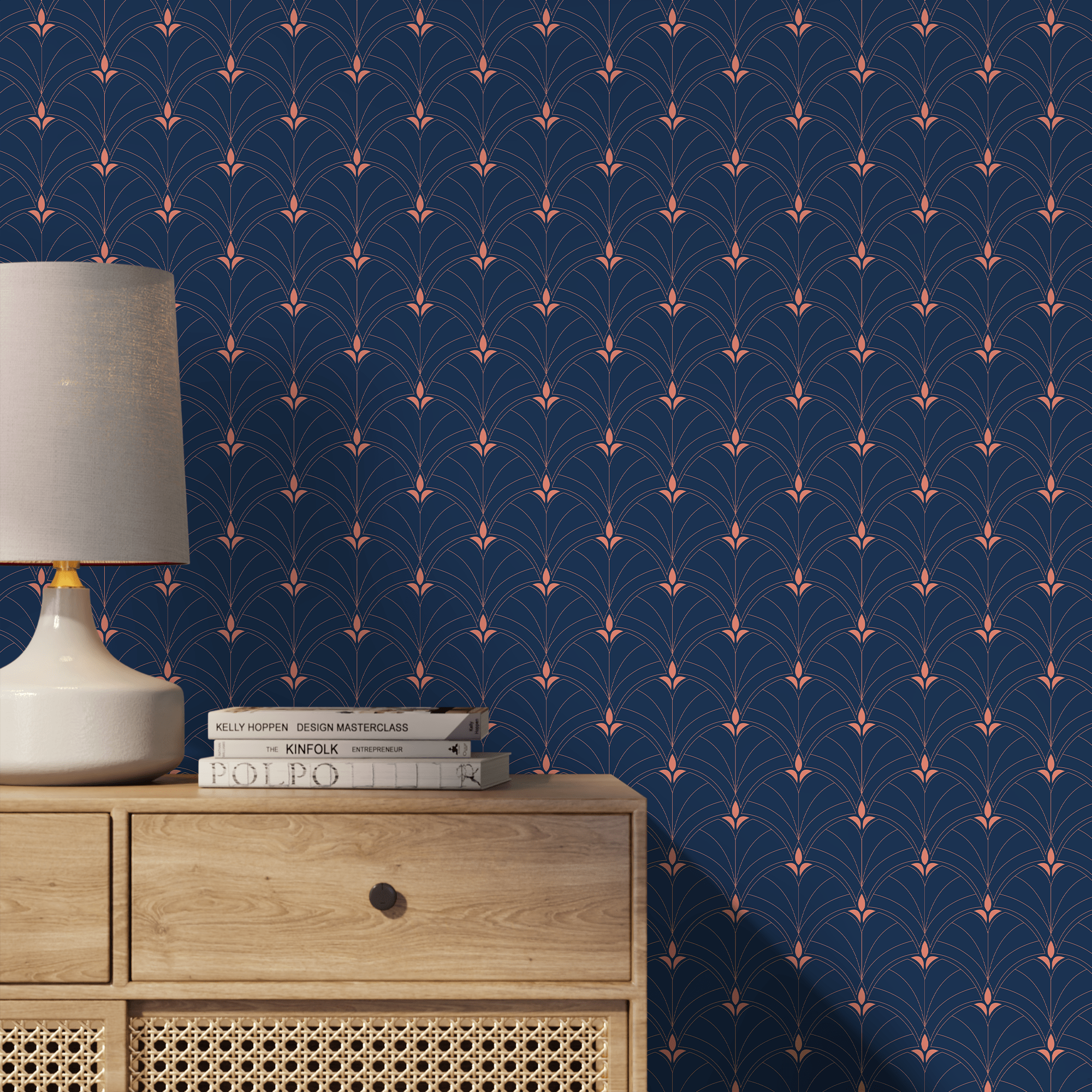 Art Deco Wallpaper With A Geometric Fan Motif In Navy Blue And Copper - A930