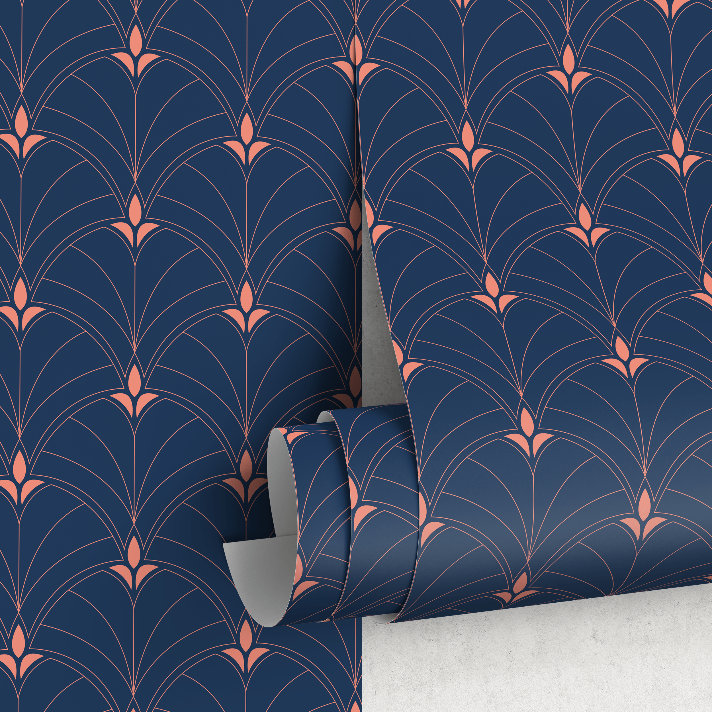 Art Deco Wallpaper With A Geometric Fan Motif In Navy Blue And Copper - A930