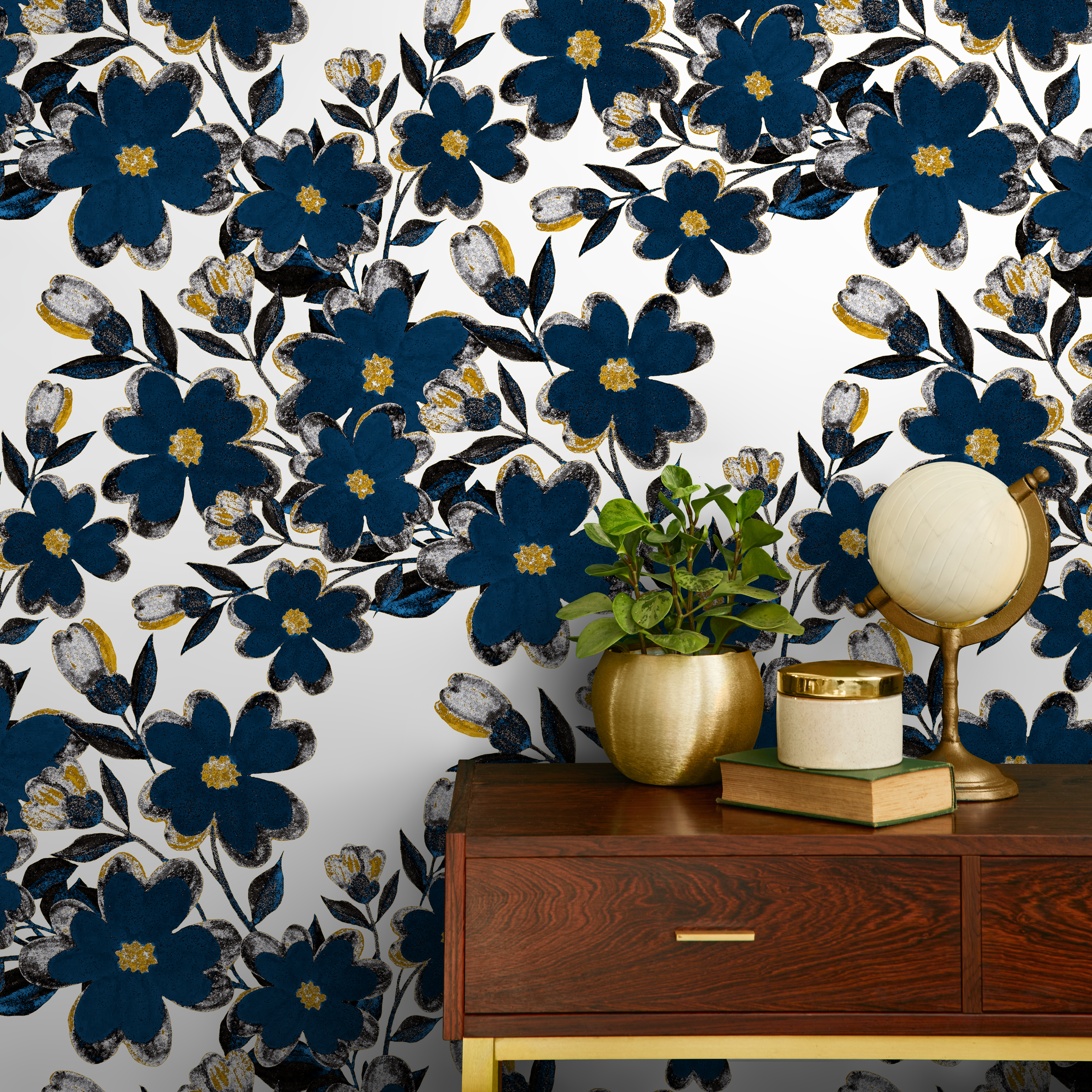Floral Wallpaper Featuring Bold Flowers In Blue, Gold, And Black - A933