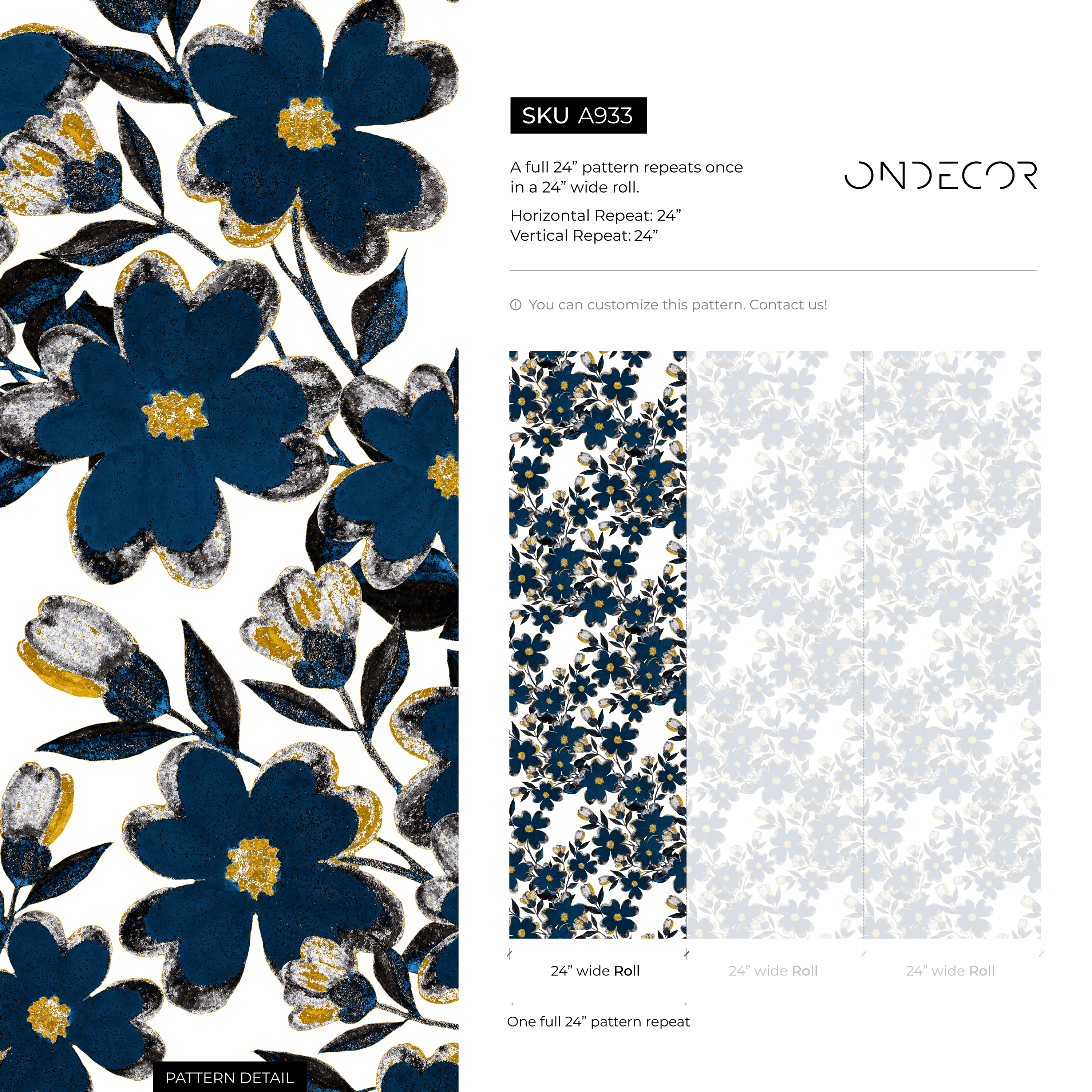 Floral Wallpaper Featuring Bold Flowers In Blue, Gold, And Black - A933
