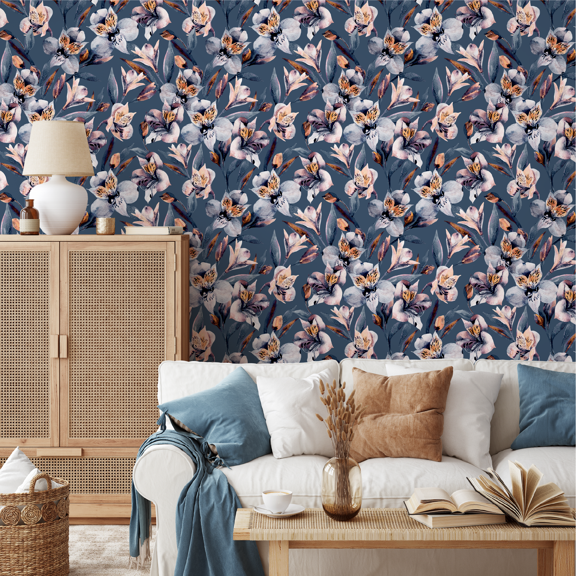 Floral Wallpaper With Painterly Blooms In Blue, Pink, And Orange - A939