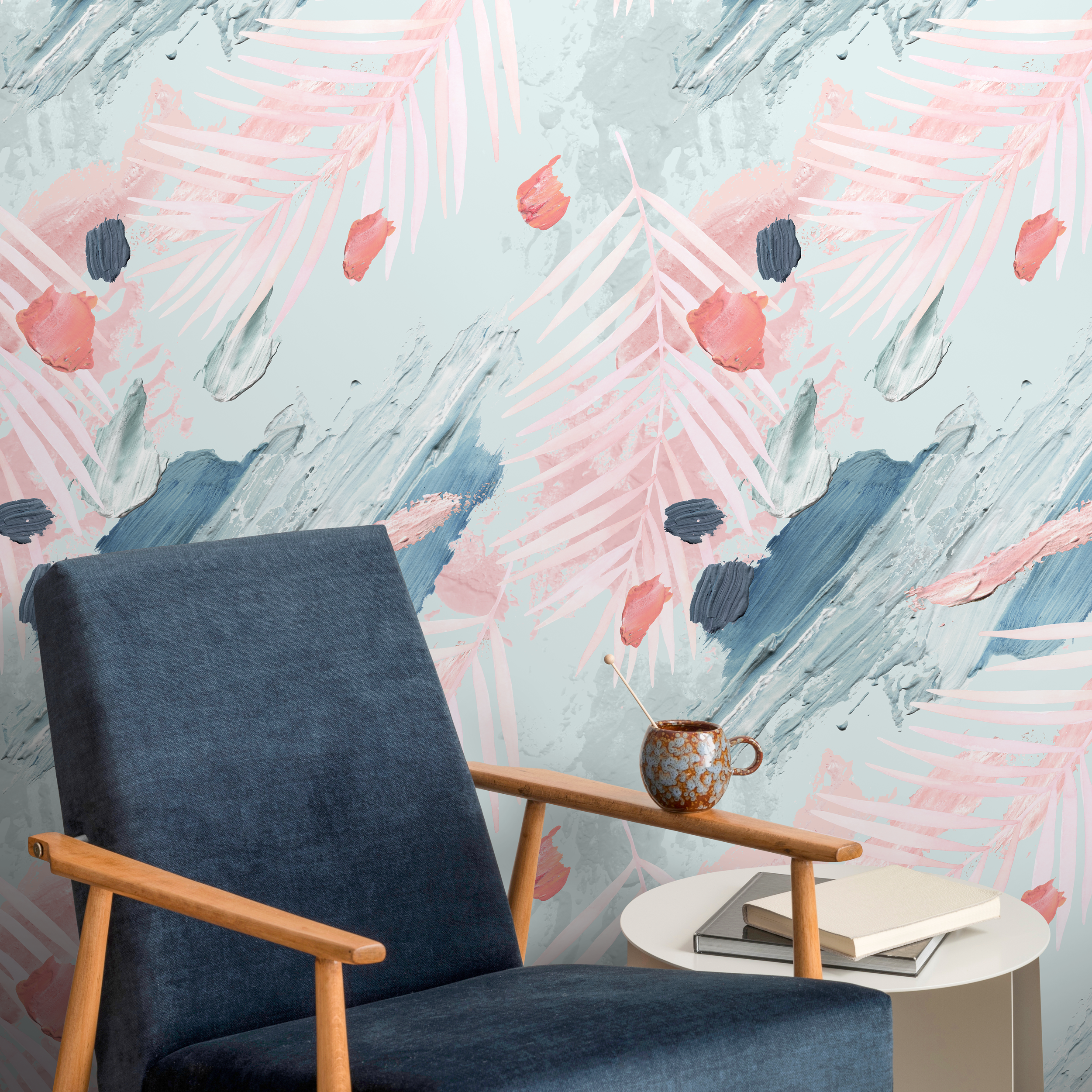 Abstract Wallpaper With Painterly Brushstrokes In Pink, Blue, And Grey - A941