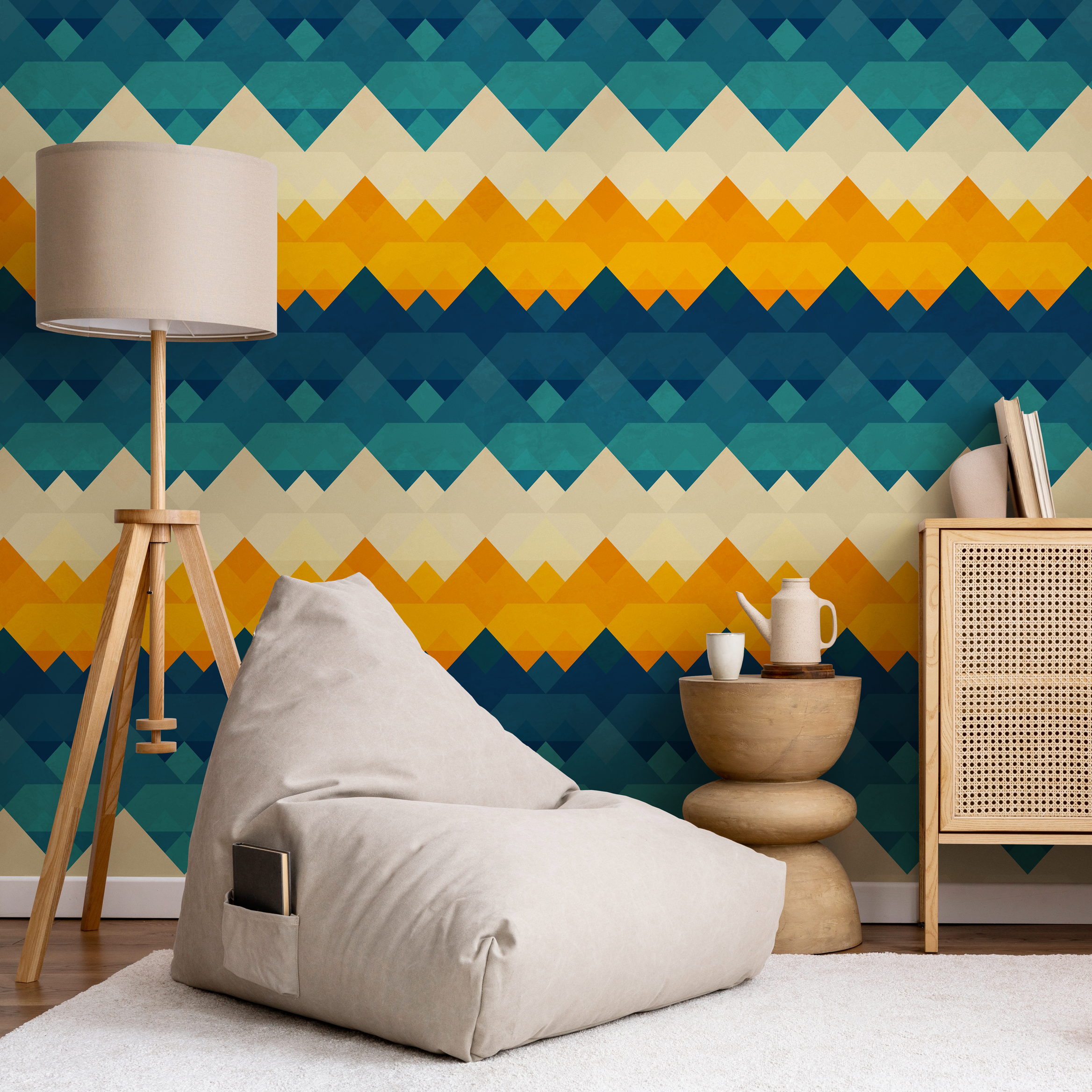 Geometric Wallpaper With A Zigzag Triangle Motif In Blue, Yellow, And Cream - A943