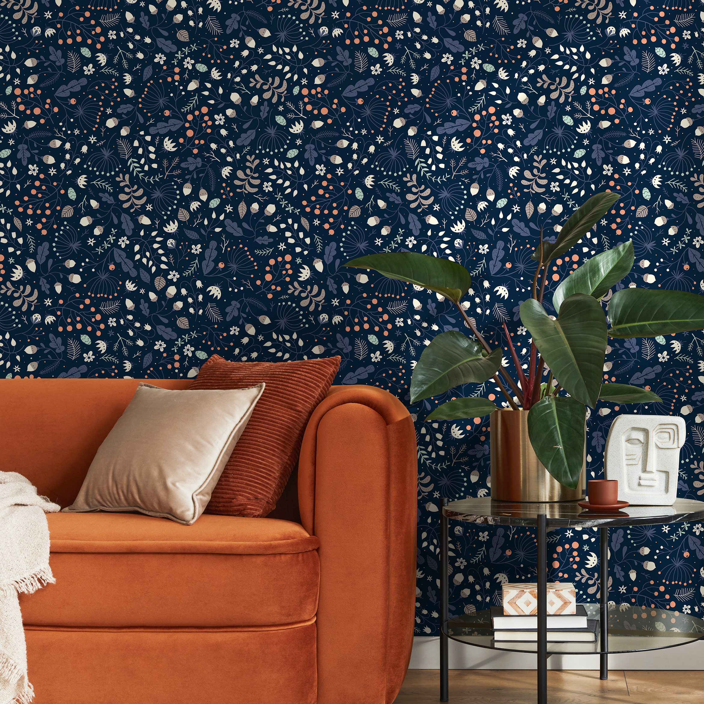 Botanical Wallpaper Featuring Acorns And Berries In Navy Blue And Orange - A948