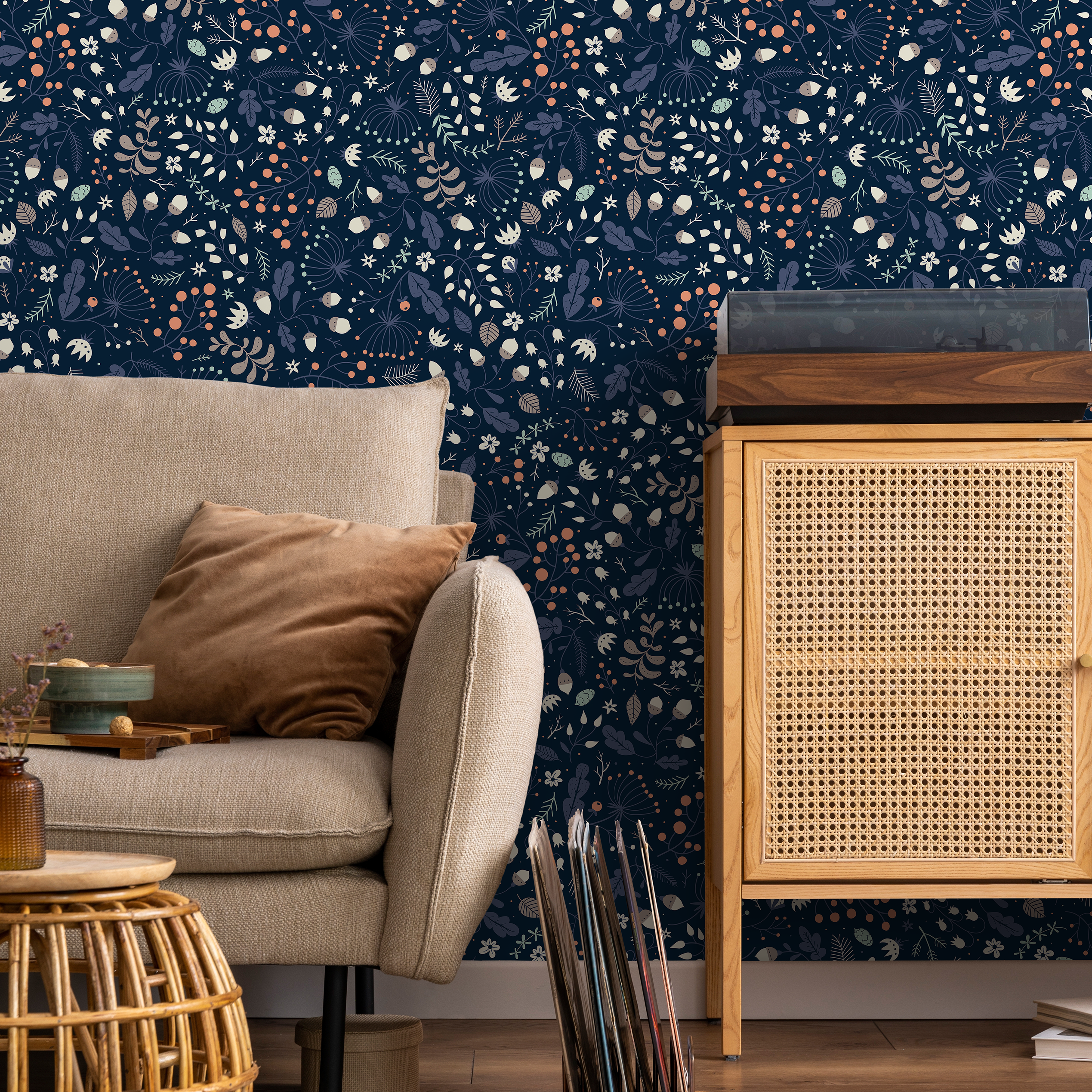Botanical Wallpaper Featuring Acorns And Berries In Navy Blue And Orange - A948