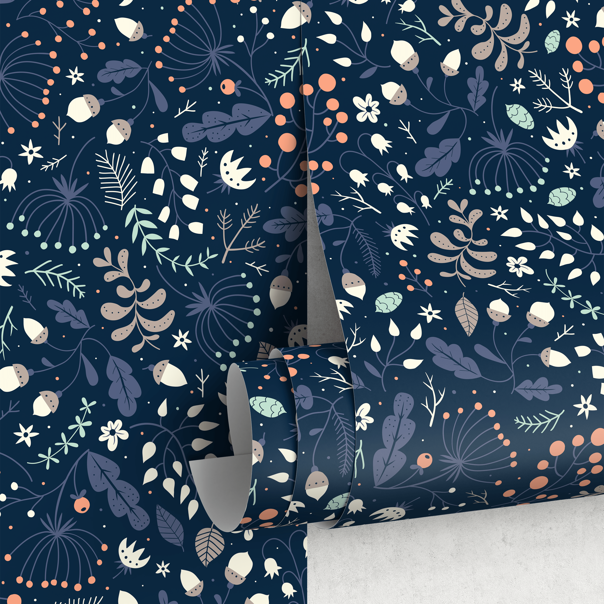Botanical Wallpaper Featuring Acorns And Berries In Navy Blue And Orange - A948