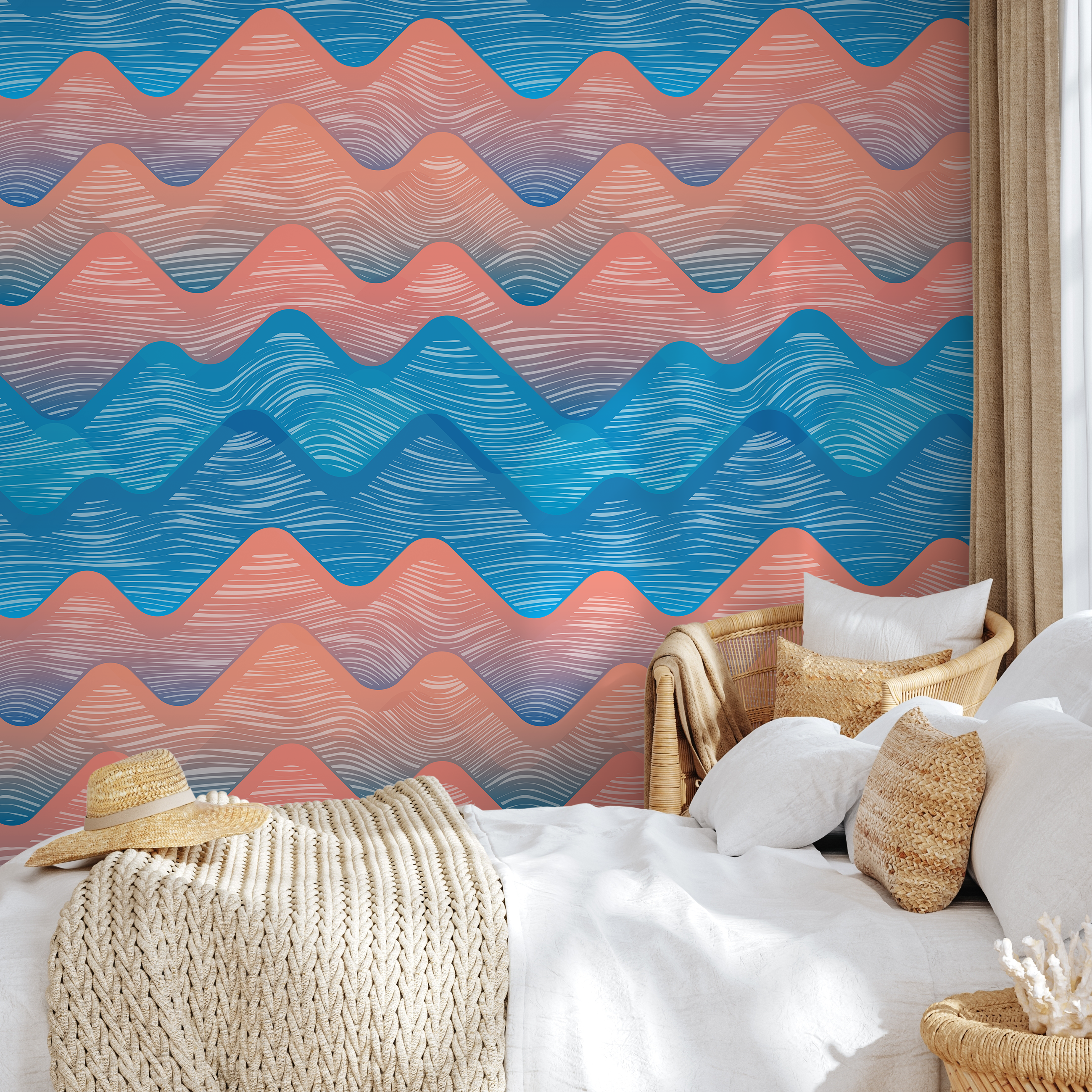 Abstract Wallpaper Featuring Stylized Wavy Mountains In Blue And Coral - A951