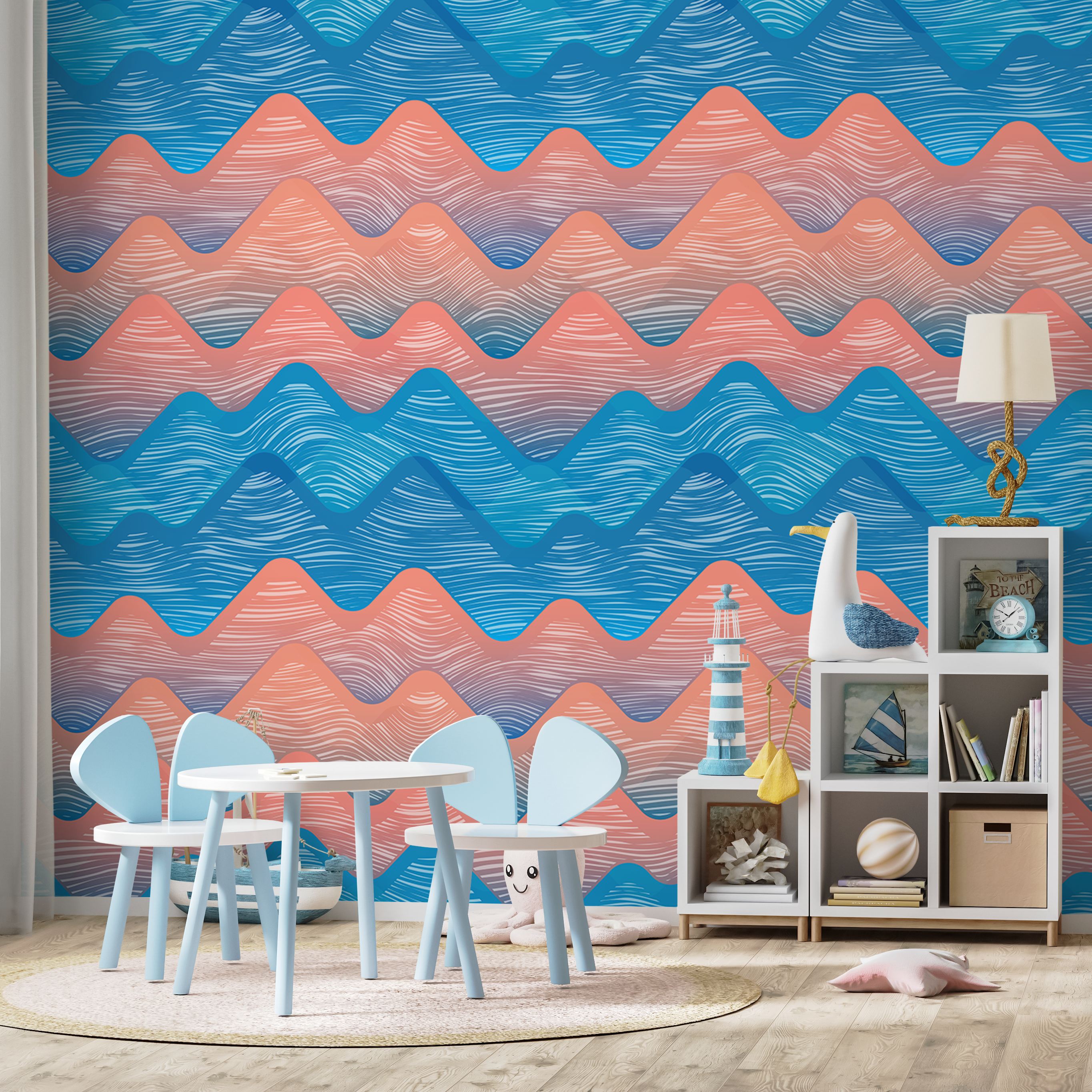 Abstract Wallpaper Featuring Stylized Wavy Mountains In Blue And Coral - A951