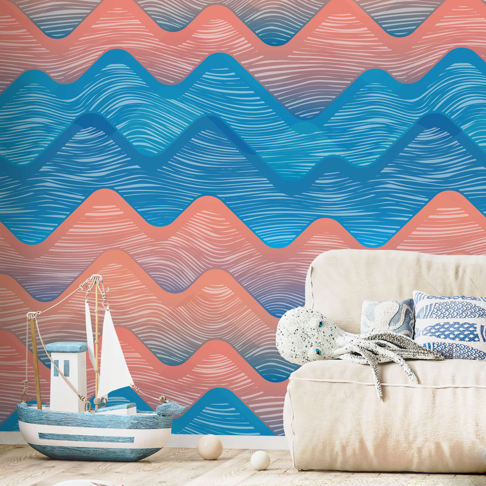 Abstract Wallpaper Featuring Stylized Wavy Mountains In Blue And Coral - A951