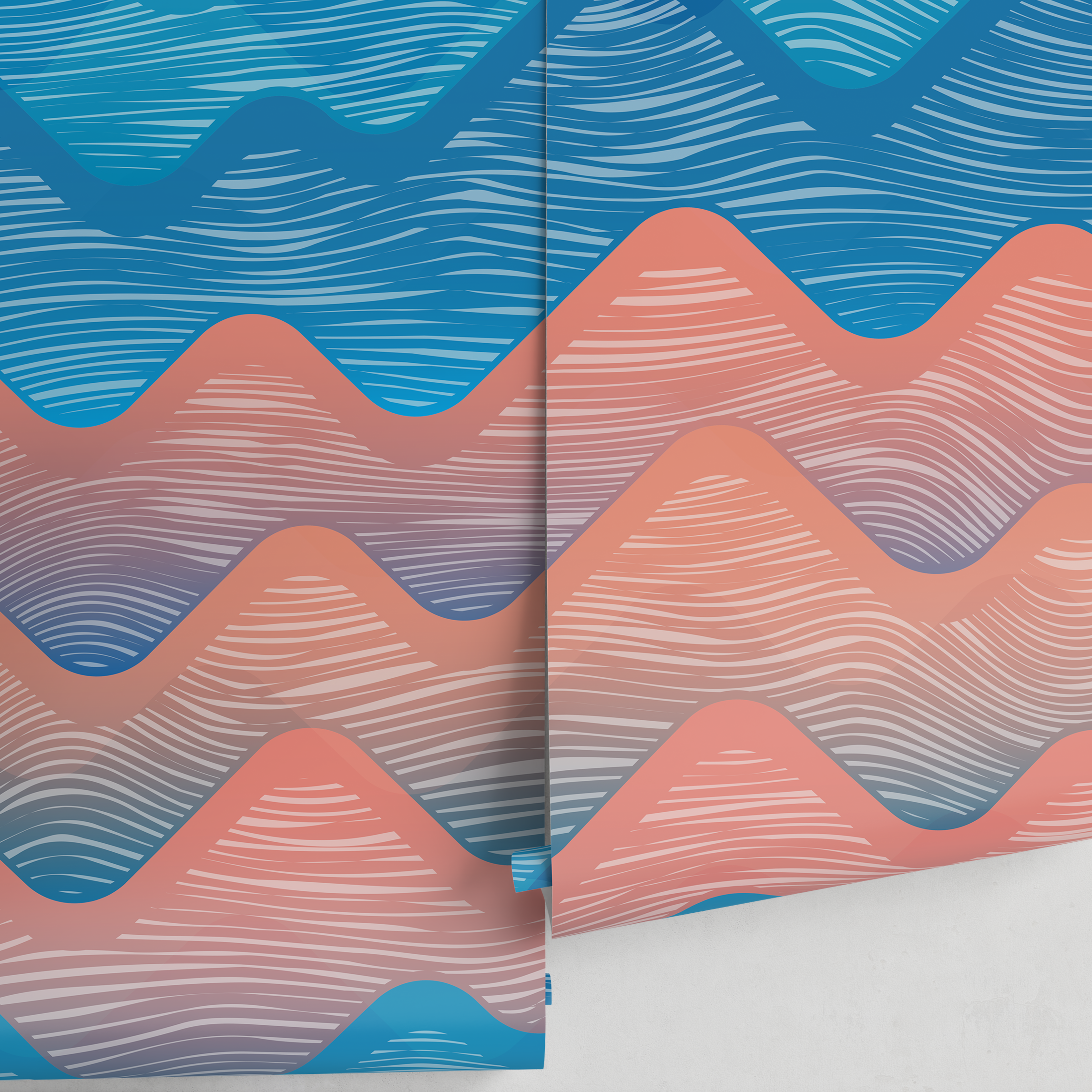 Abstract Wallpaper Featuring Stylized Wavy Mountains In Blue And Coral - A951