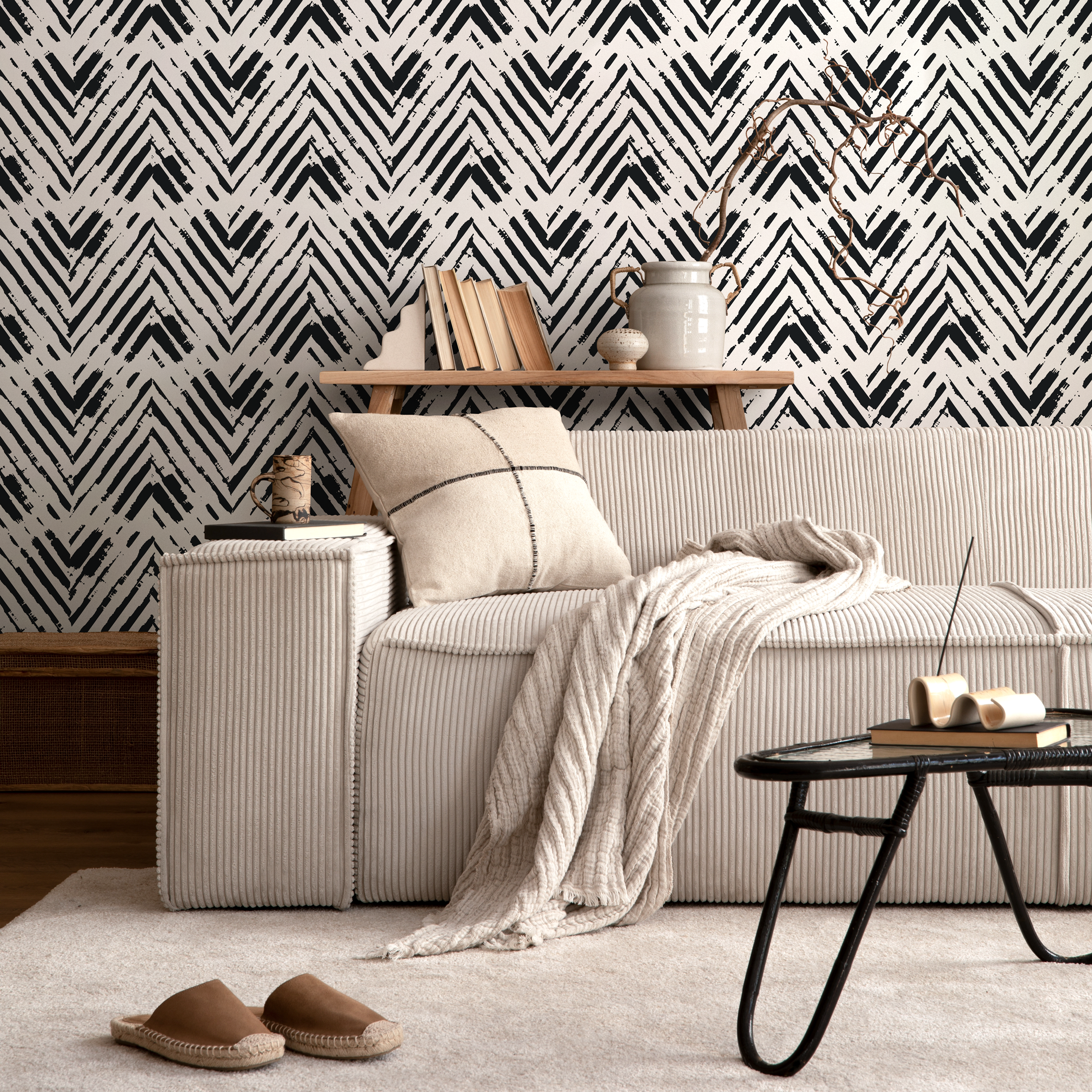 Herringbone Wallpaper With A Distressed Brushstroke Motif In Black And White - A953