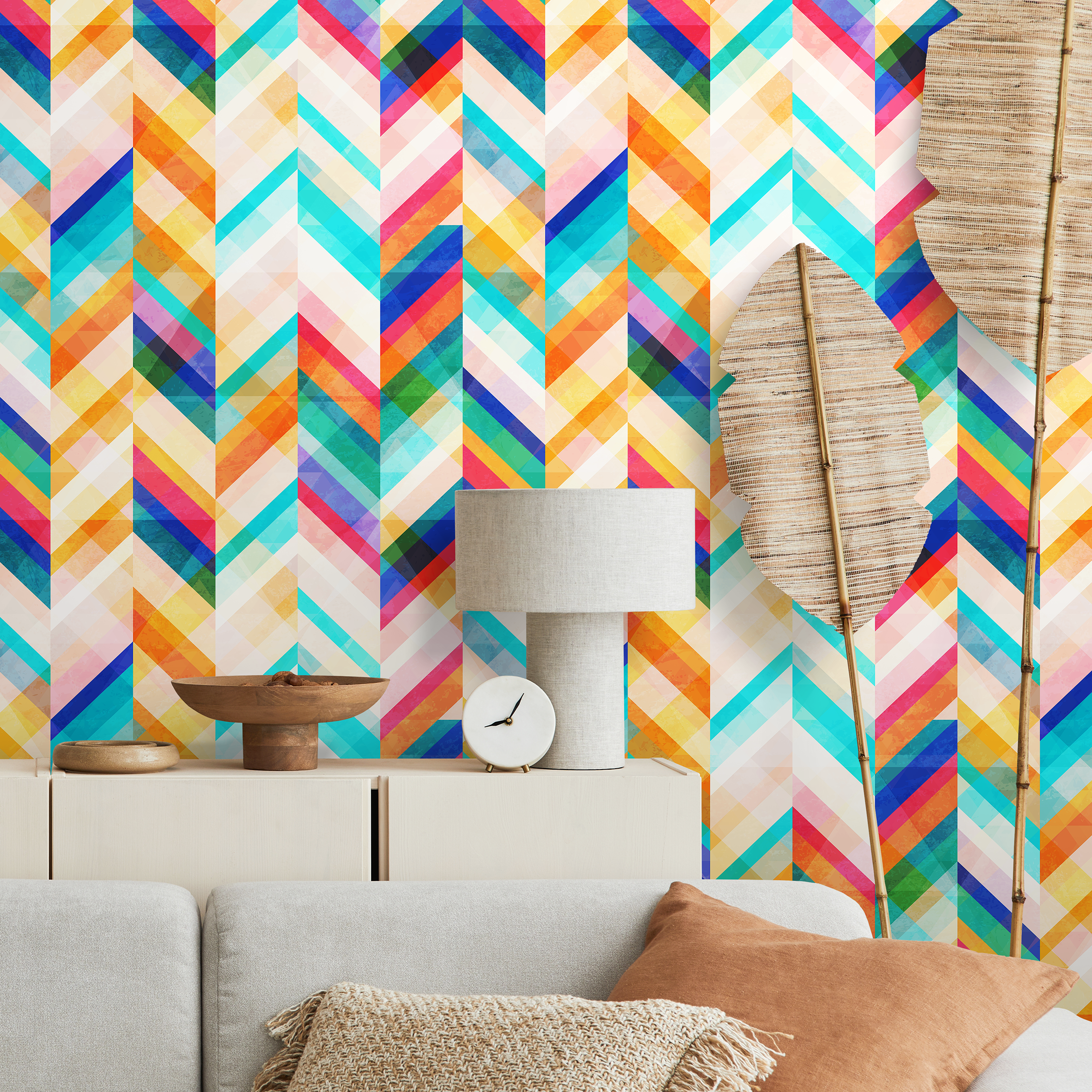 Geometric Wallpaper With A Vibrant Chevron Motif In Blue, Yellow, And Pink - A954