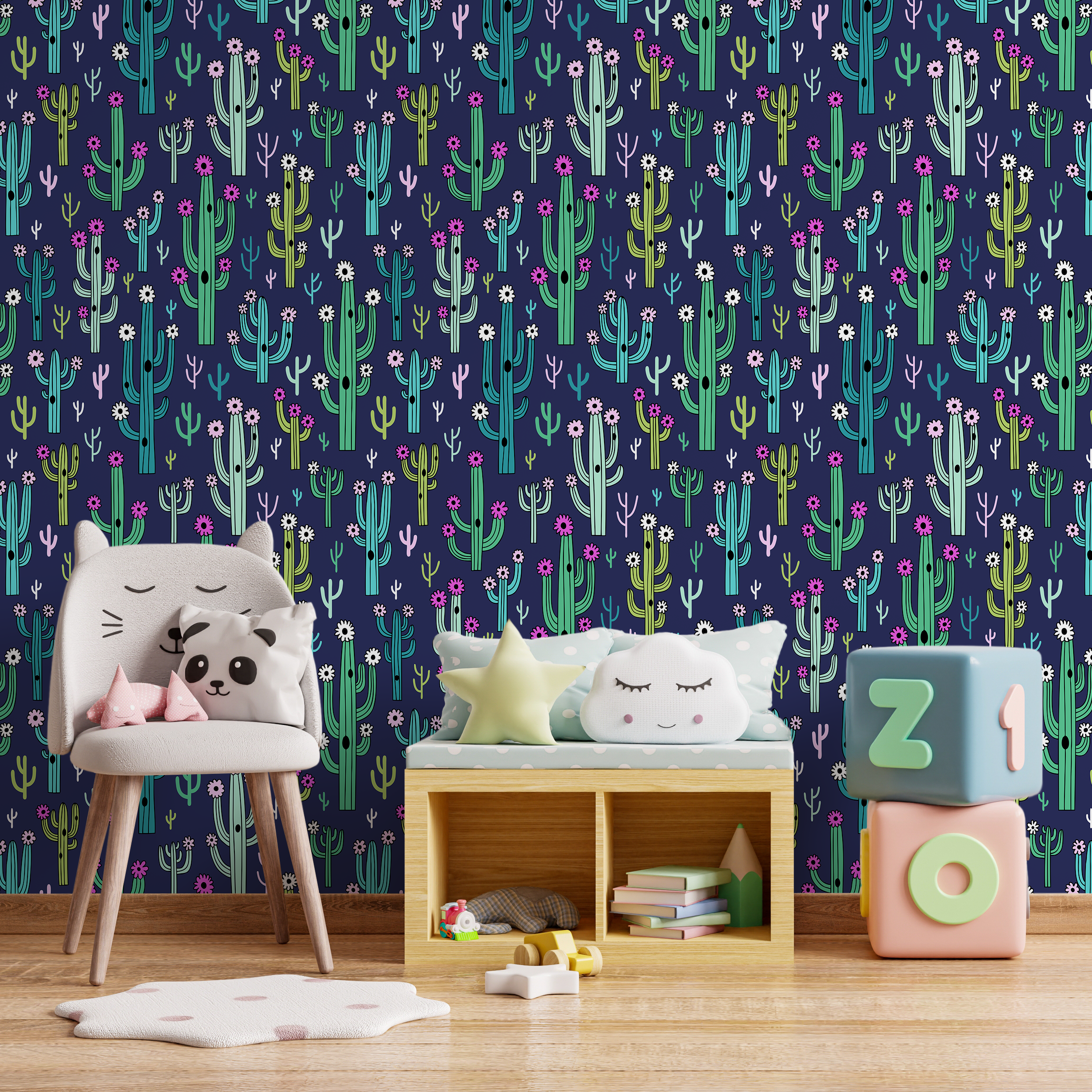 Cacti Wallpaper Featuring Blooming Desert Plants In Navy, Green, And Pink - A958