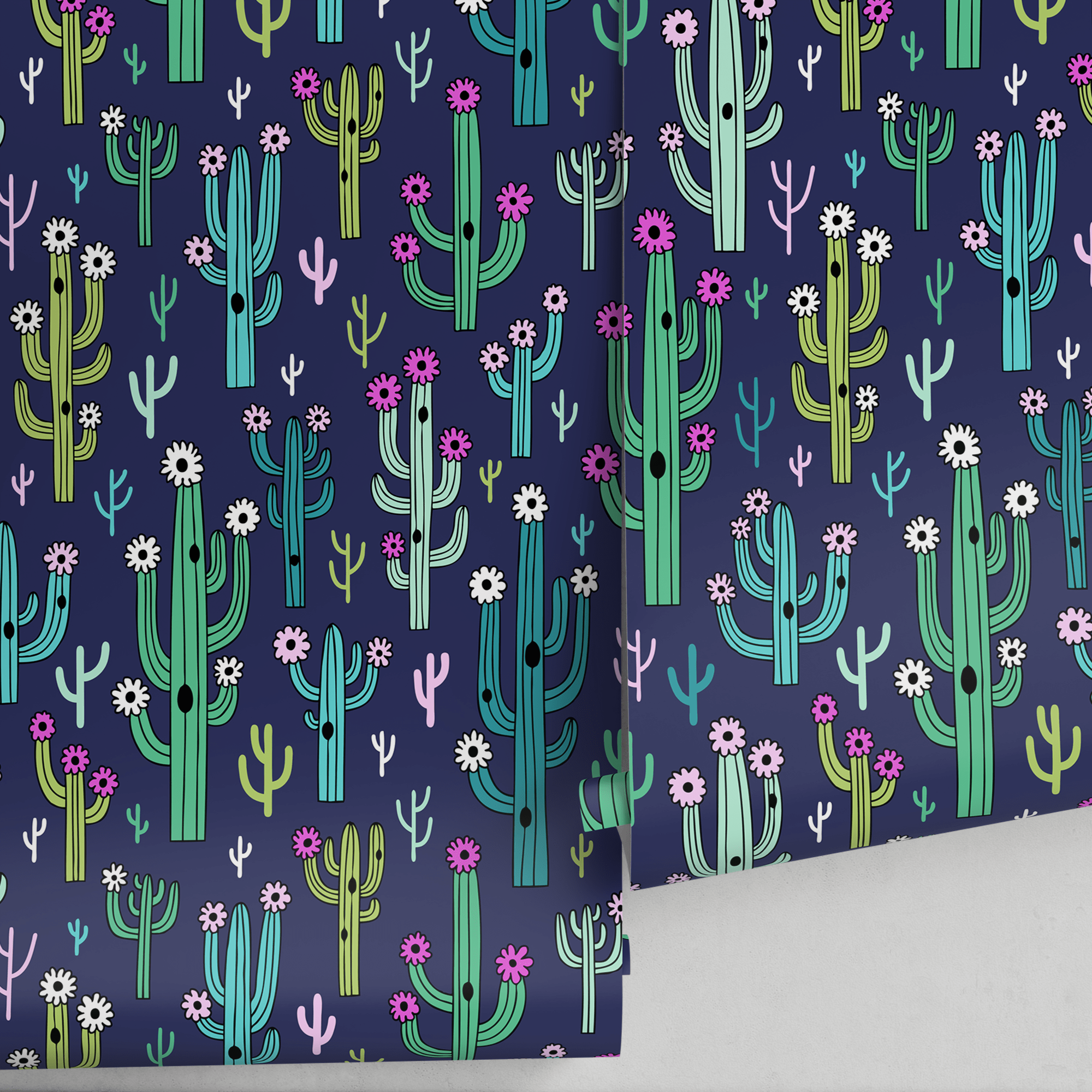 Cacti Wallpaper Featuring Blooming Desert Plants In Navy, Green, And Pink - A958