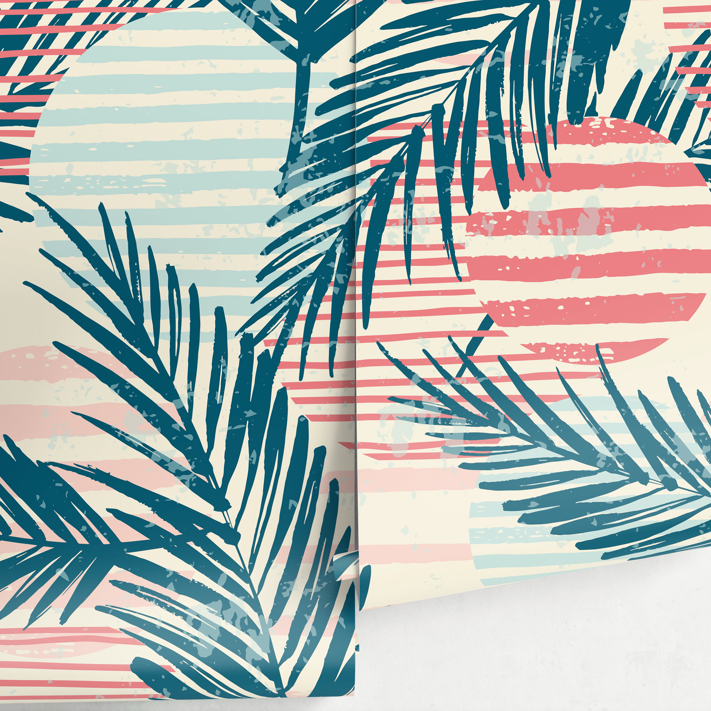 Tropical Wallpaper With Abstract Palm Leaves In Teal, Coral, And Blue - A960
