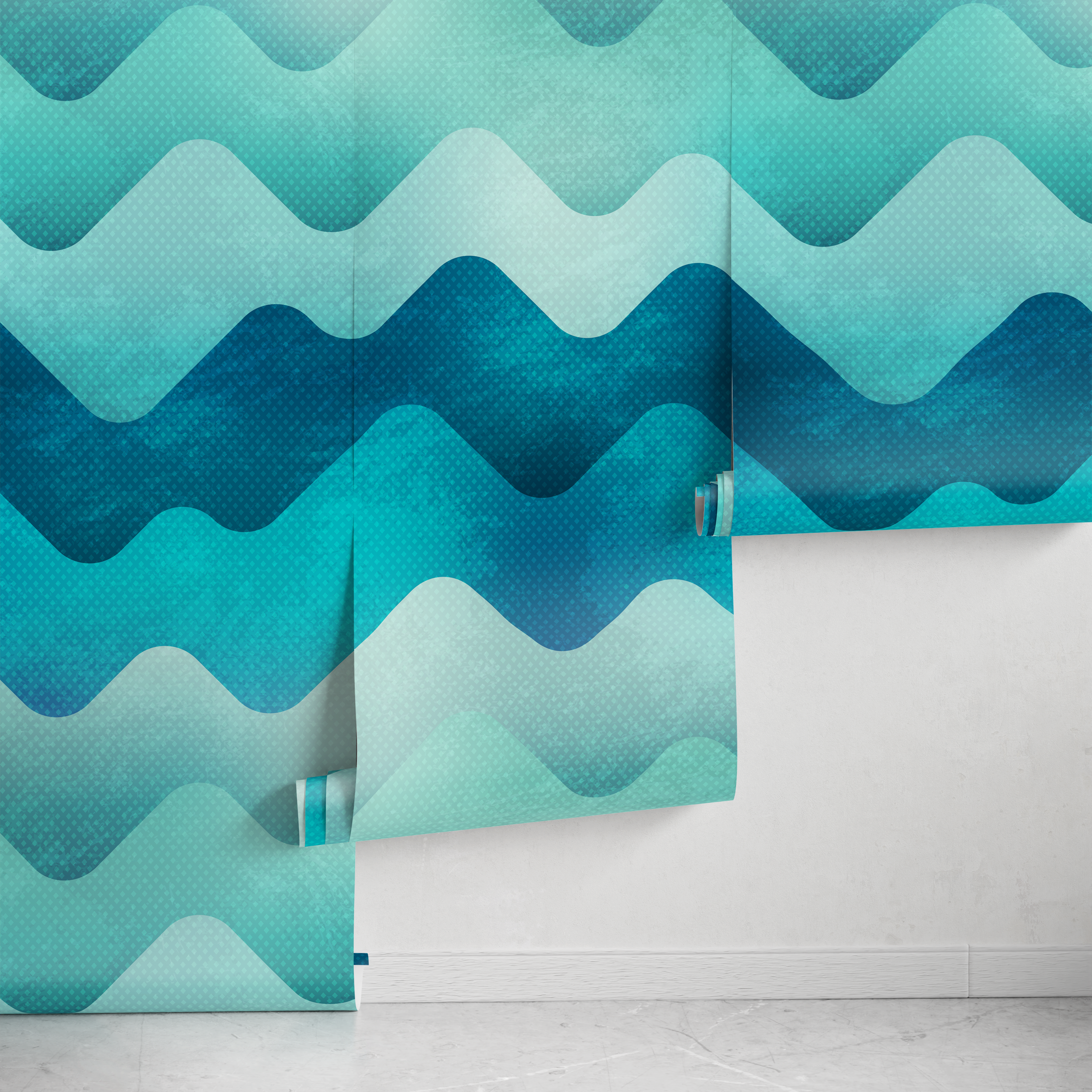 Abstract Wallpaper With A Scandinavian Wave Motif In Blue And Teal - A968