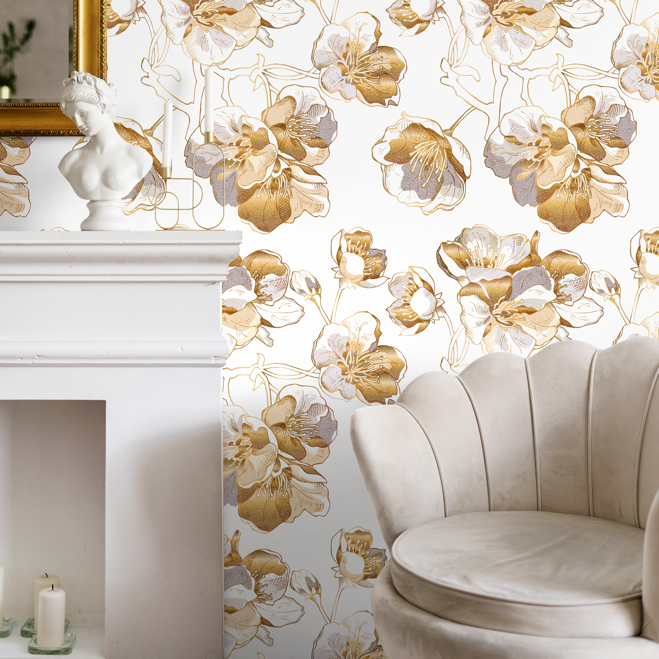 Floral Wallpaper With Stylized Gold Line Flowers In Gold And Gray - A979