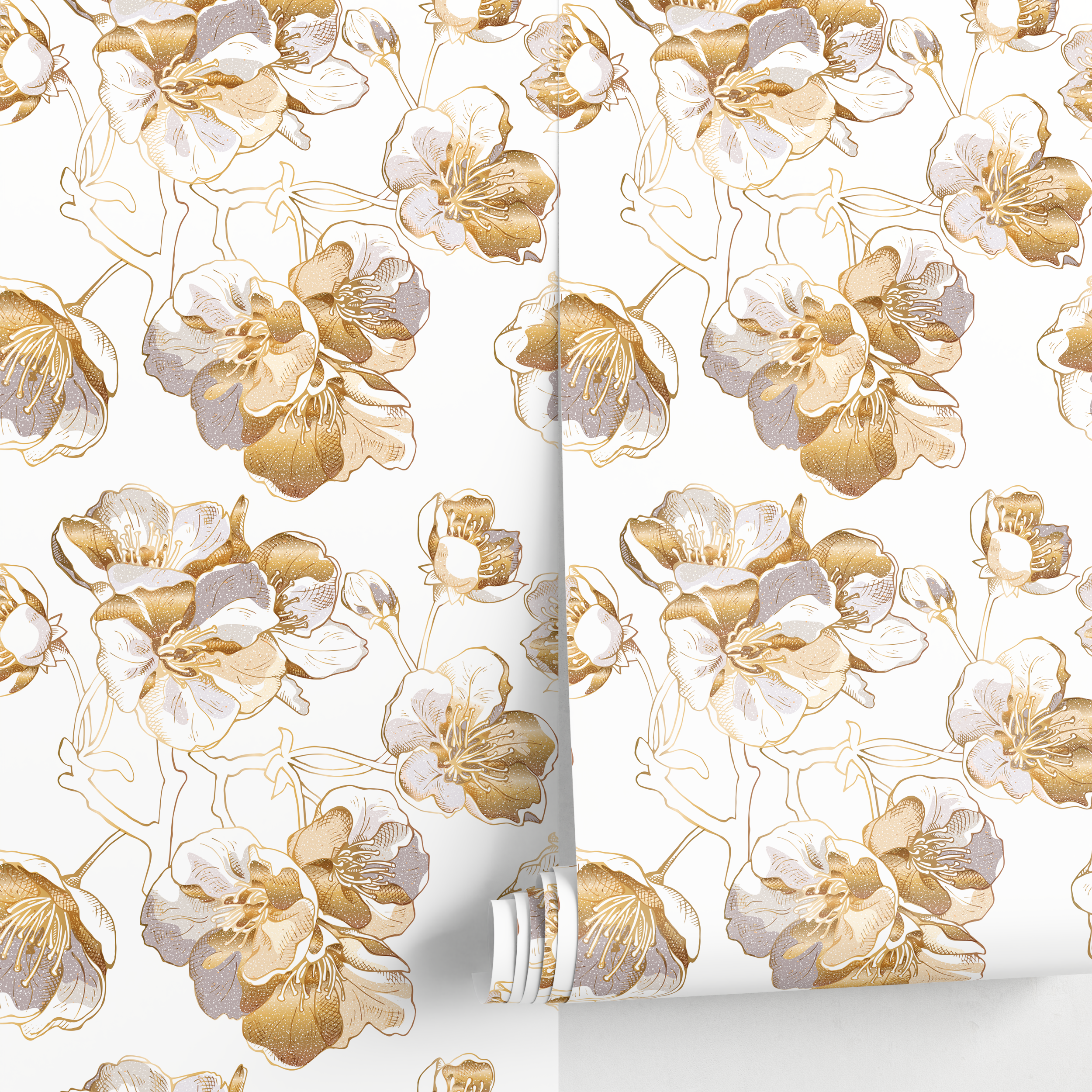 Floral Wallpaper With Stylized Gold Line Flowers In Gold And Gray - A979