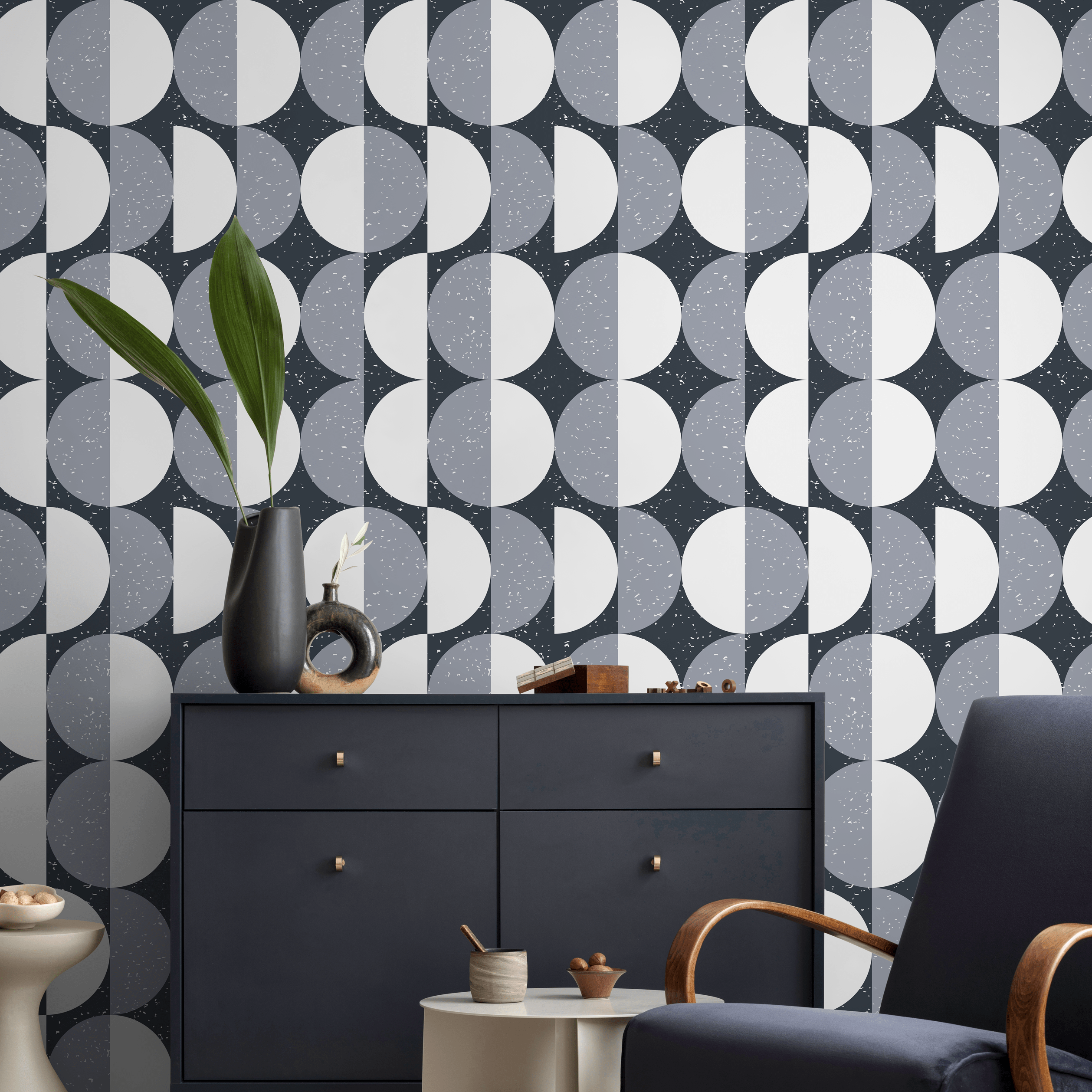 Geometric Wallpaper With A Scandinavian Circle Motif In Gray And White - D980