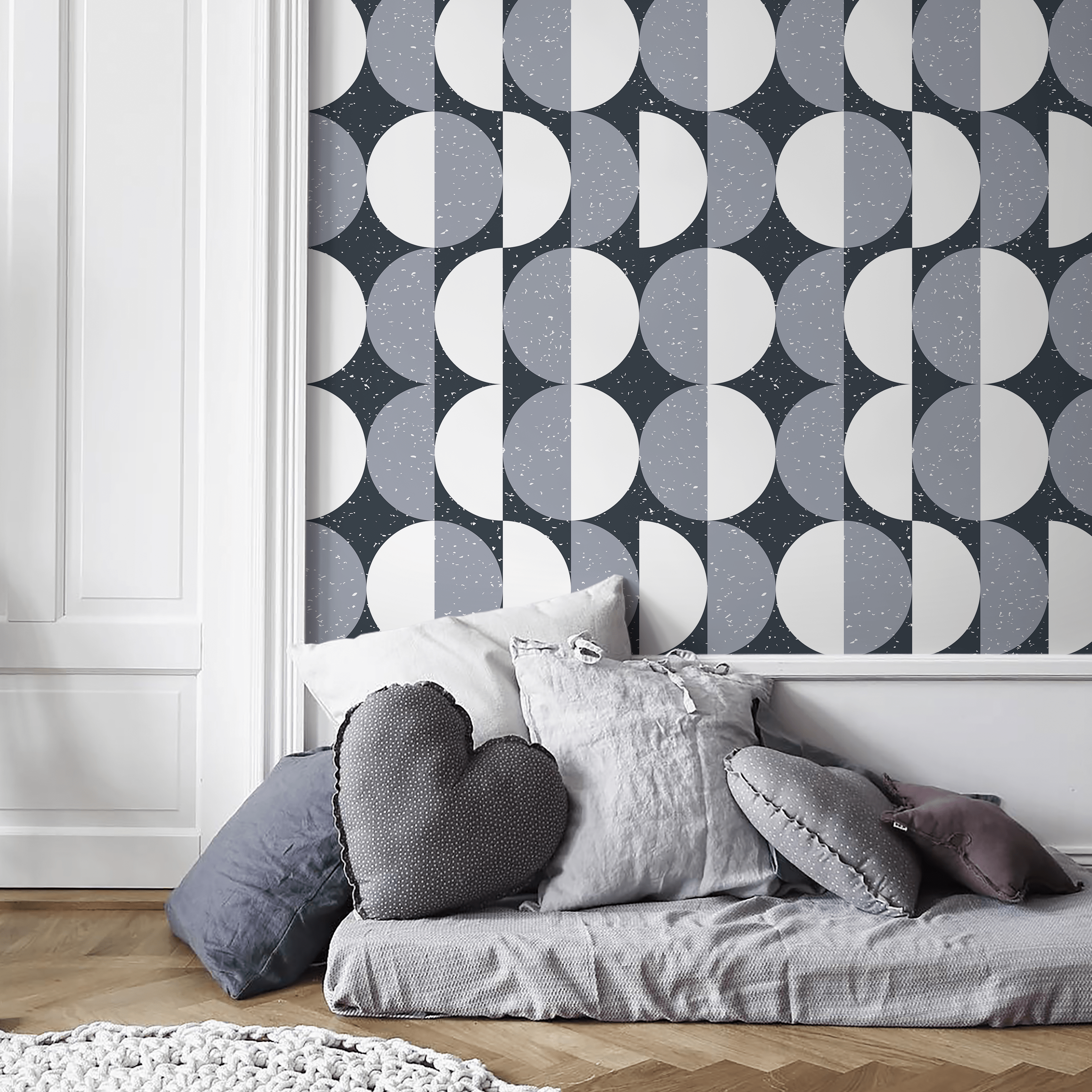 Geometric Wallpaper With A Scandinavian Circle Motif In Gray And White - D980