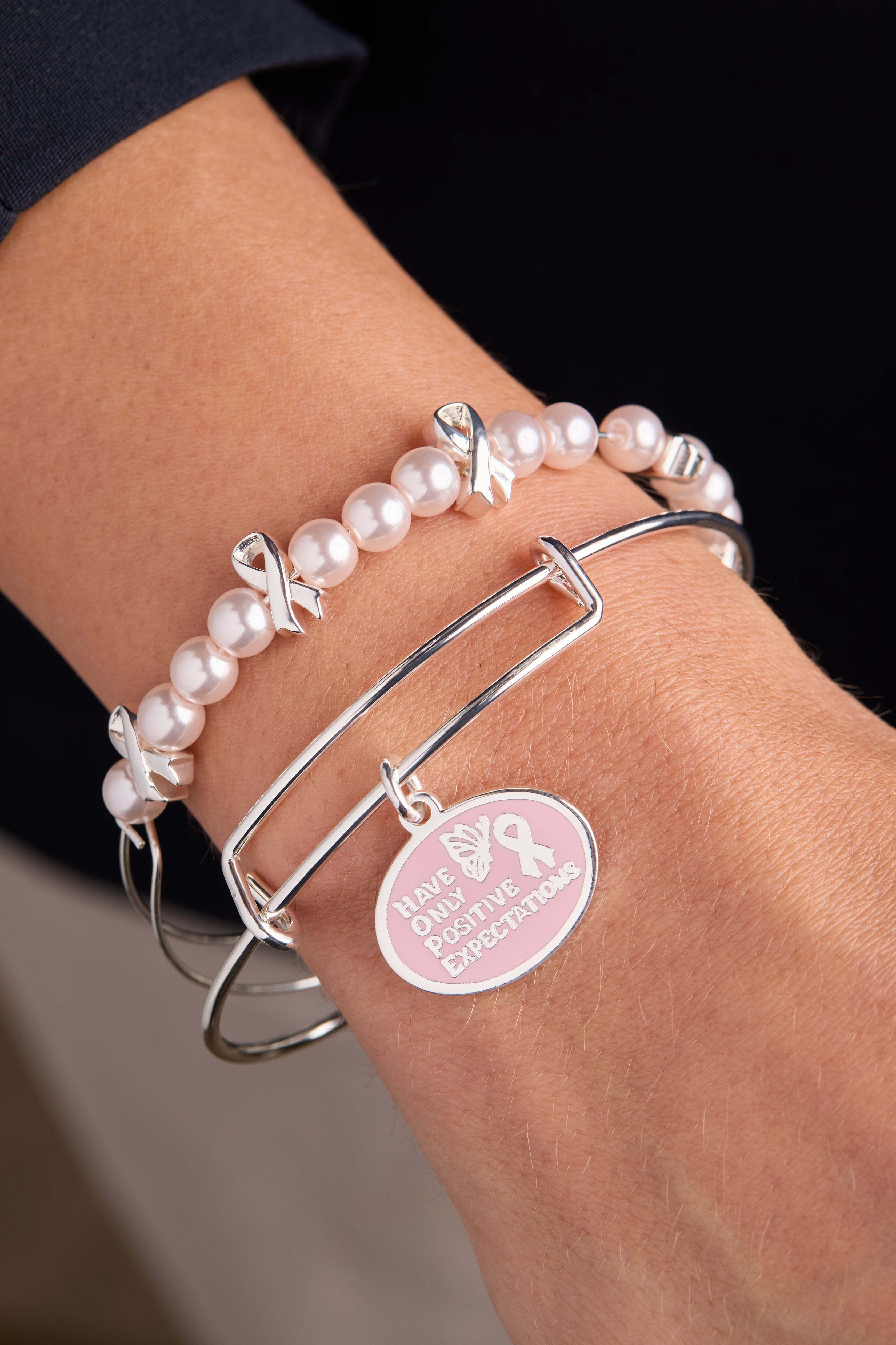 'hope' Breast Cancer Awareness Charm Bangle Set Of 2