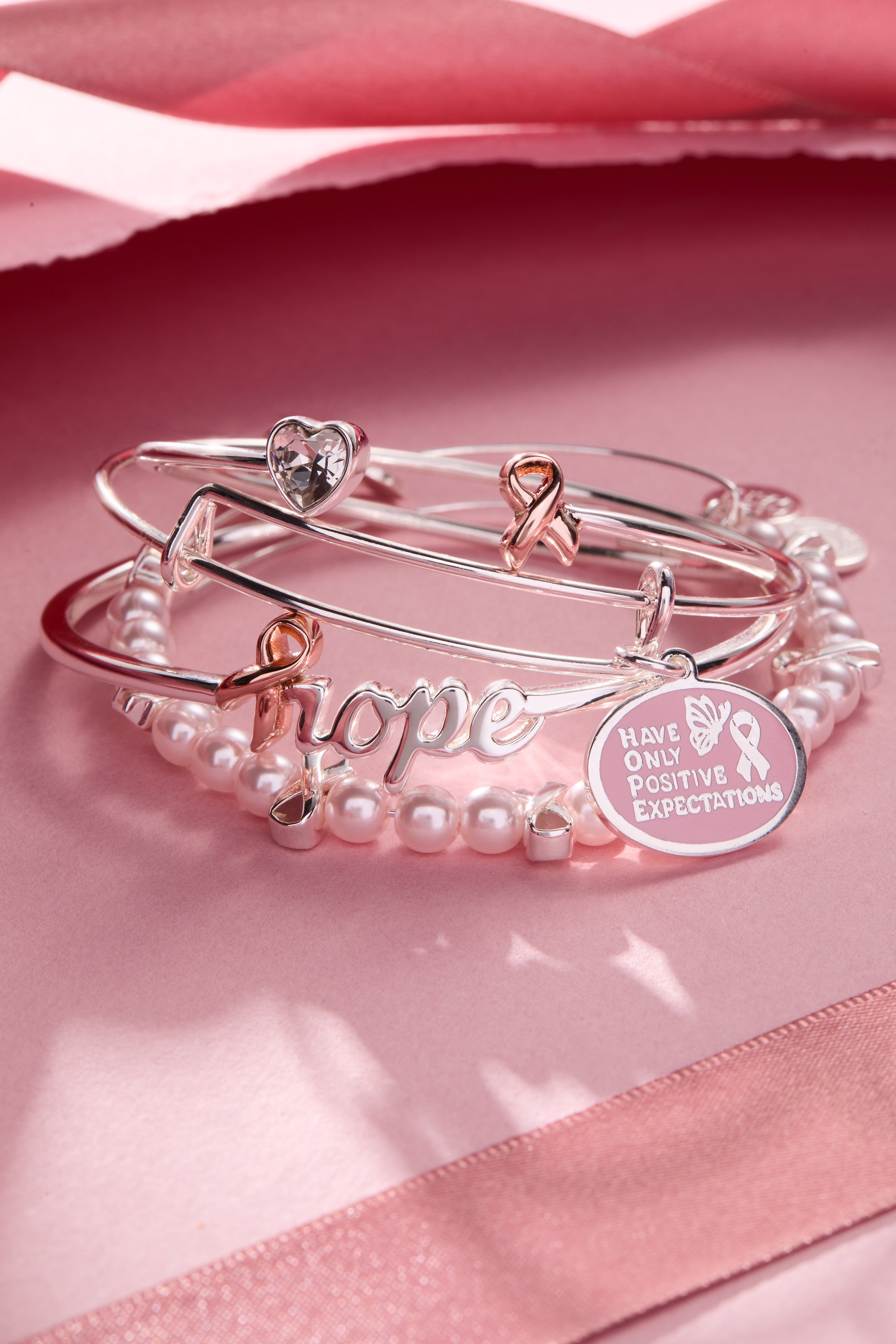 'hope' Breast Cancer Awareness Charm Bangle Set Of 2