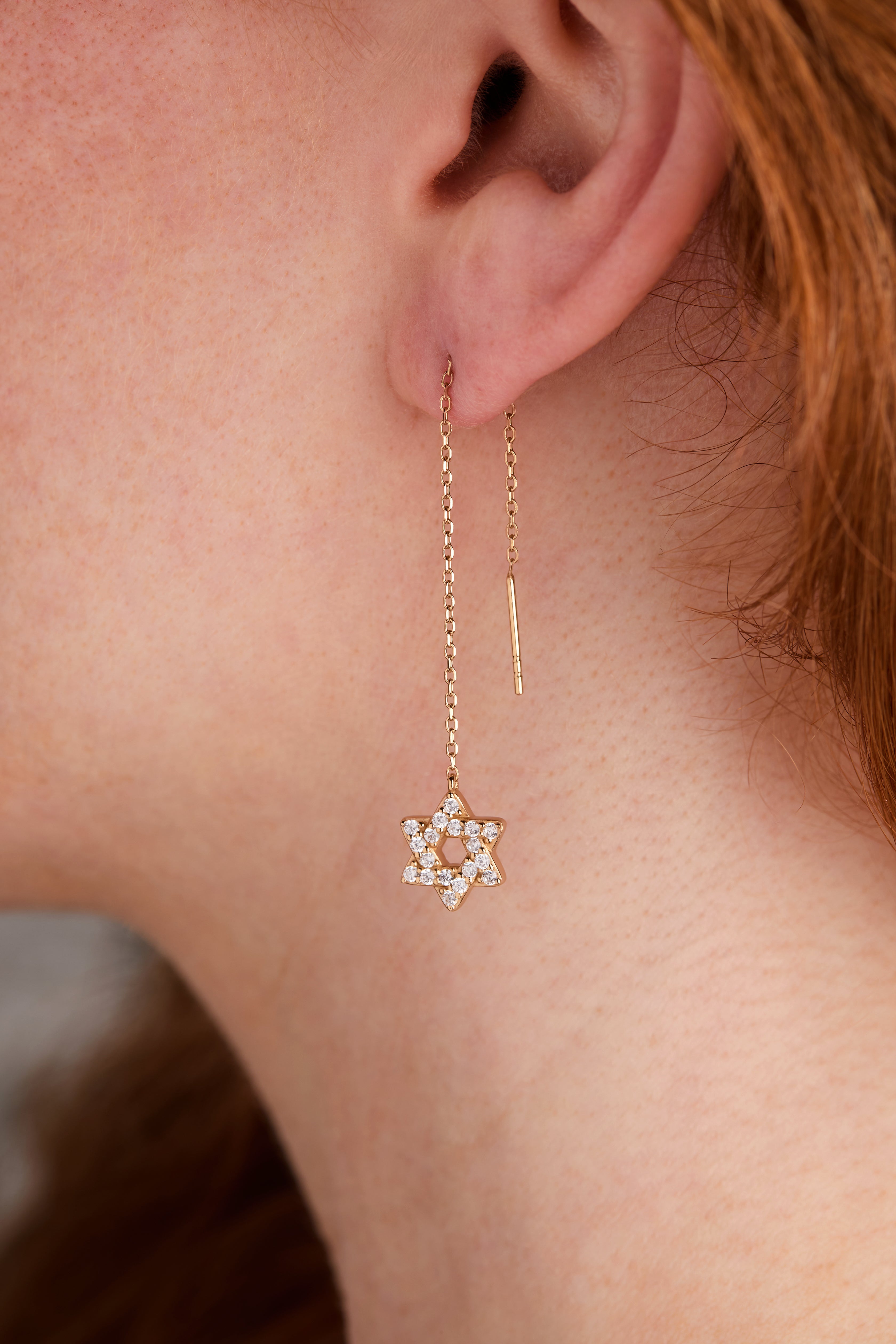 Star Of David Delicate Pave Crystal Threader Earrings